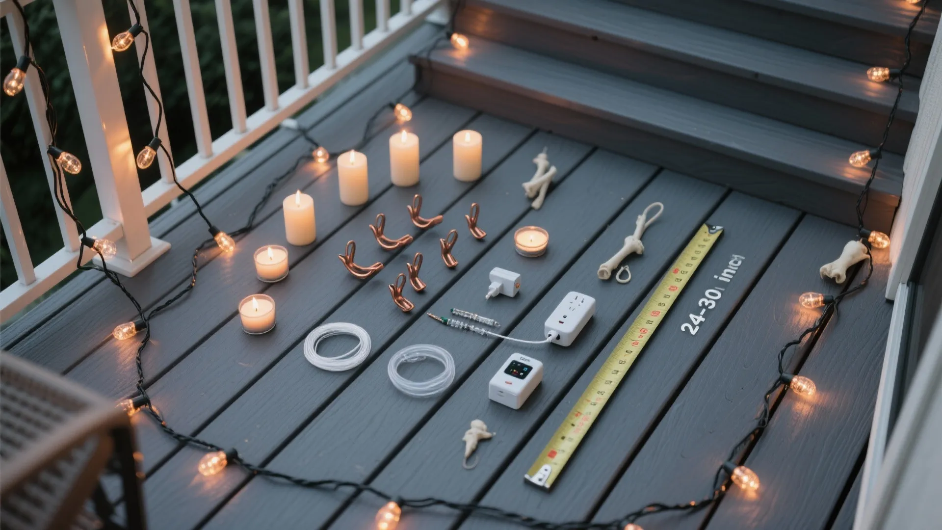 Collection of balcony decoration tools including candles tape measure clips and string lights on deck