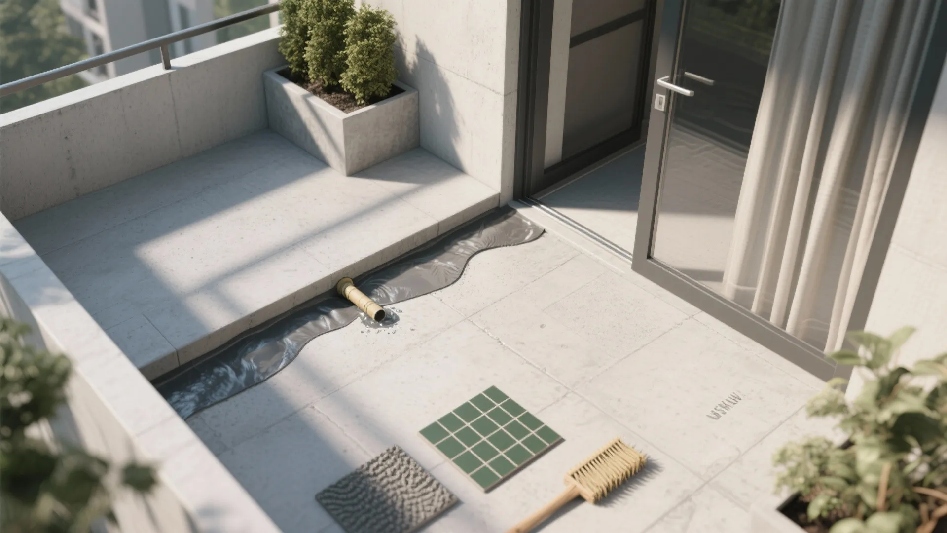 Interior design drawing showing balcony floor drainage system with tiles brush and green plant boxes