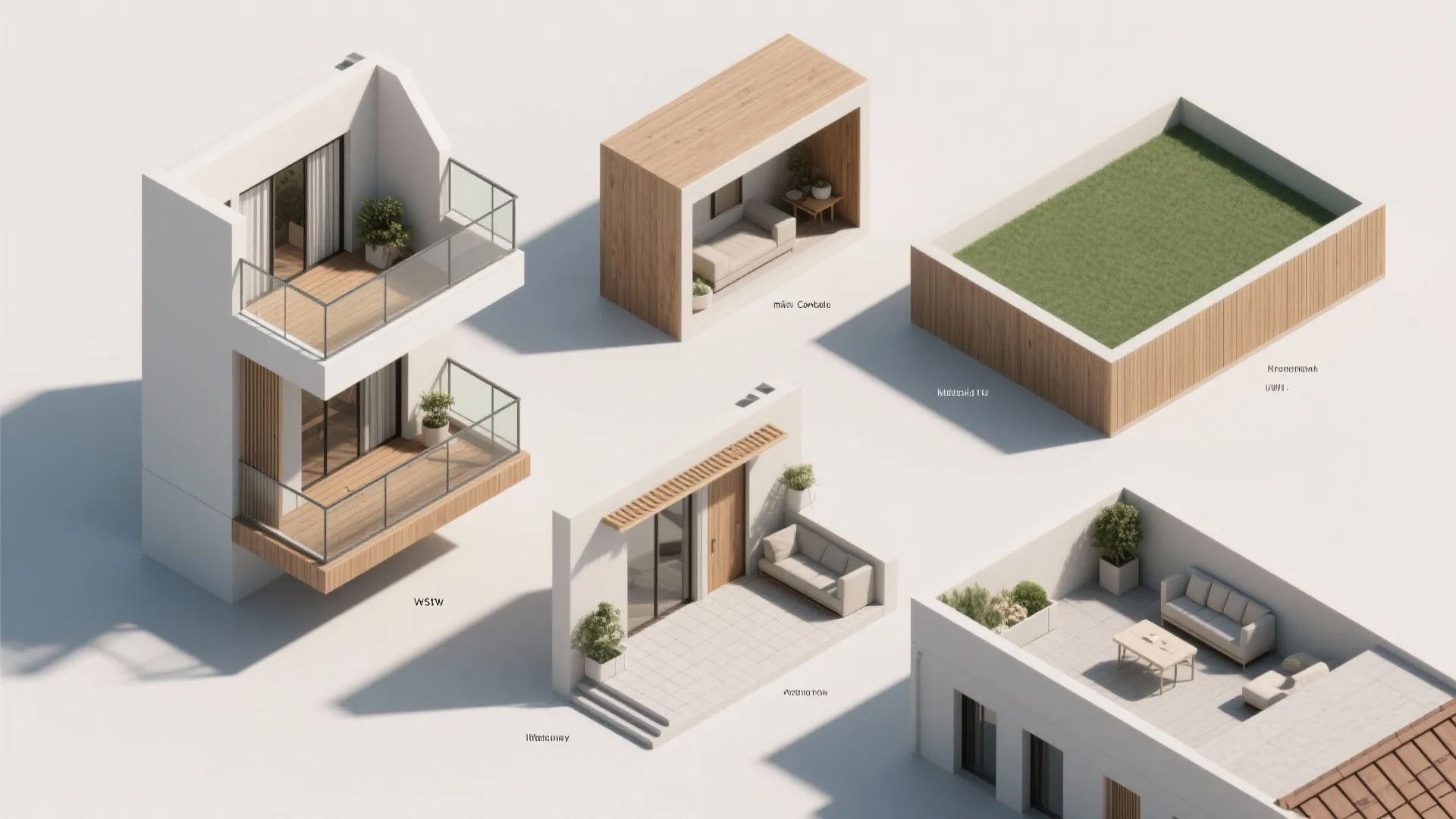 Top-down flat-lay of five balcony types—micro cantilever, corner wrap, Juliet, loggia, and roof terrace.