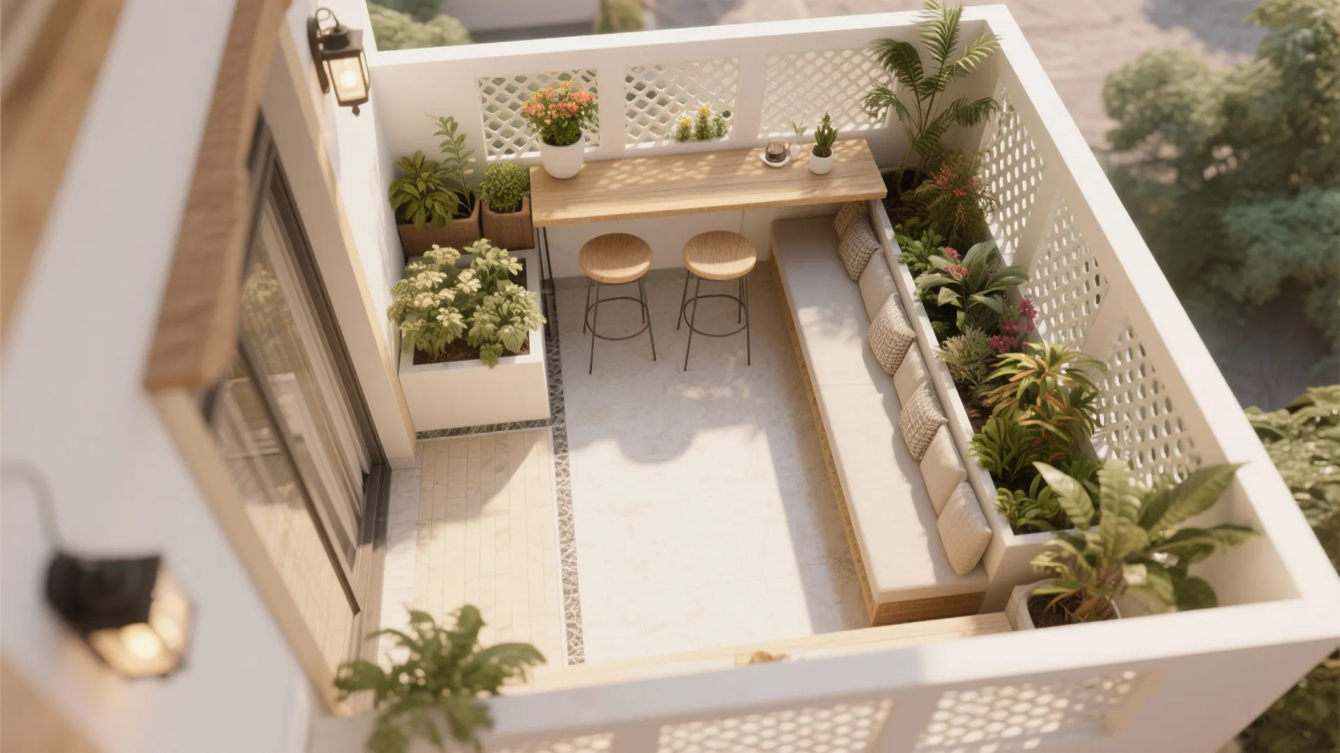 Top-down view illustrating clear path, fold-down bar, bench, planter zones, and perforated screens.