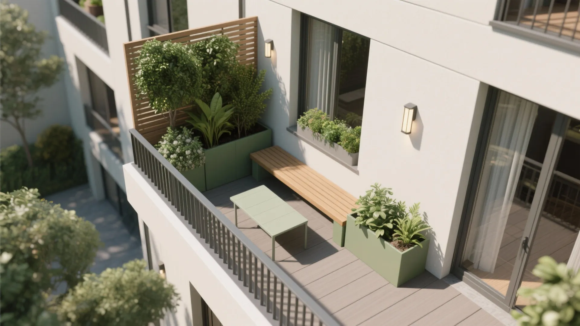 Small modern balcony with wooden flooring, green plant boxes, metal table, and a wooden bench