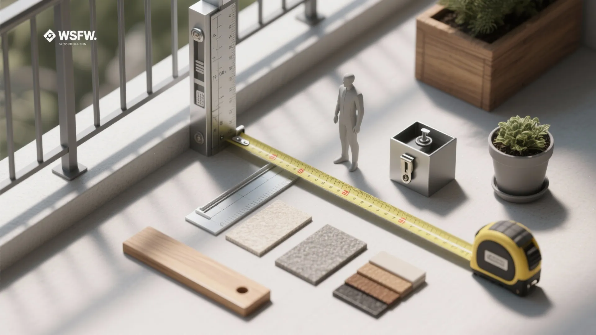 Measuring tools and material samples placed on balcony floor near railing for home renovation planning