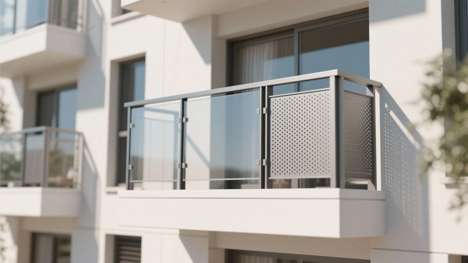 Top-down montage of safe balcony elements: vertical grills, small gaps, tempered glass, perforated panel.