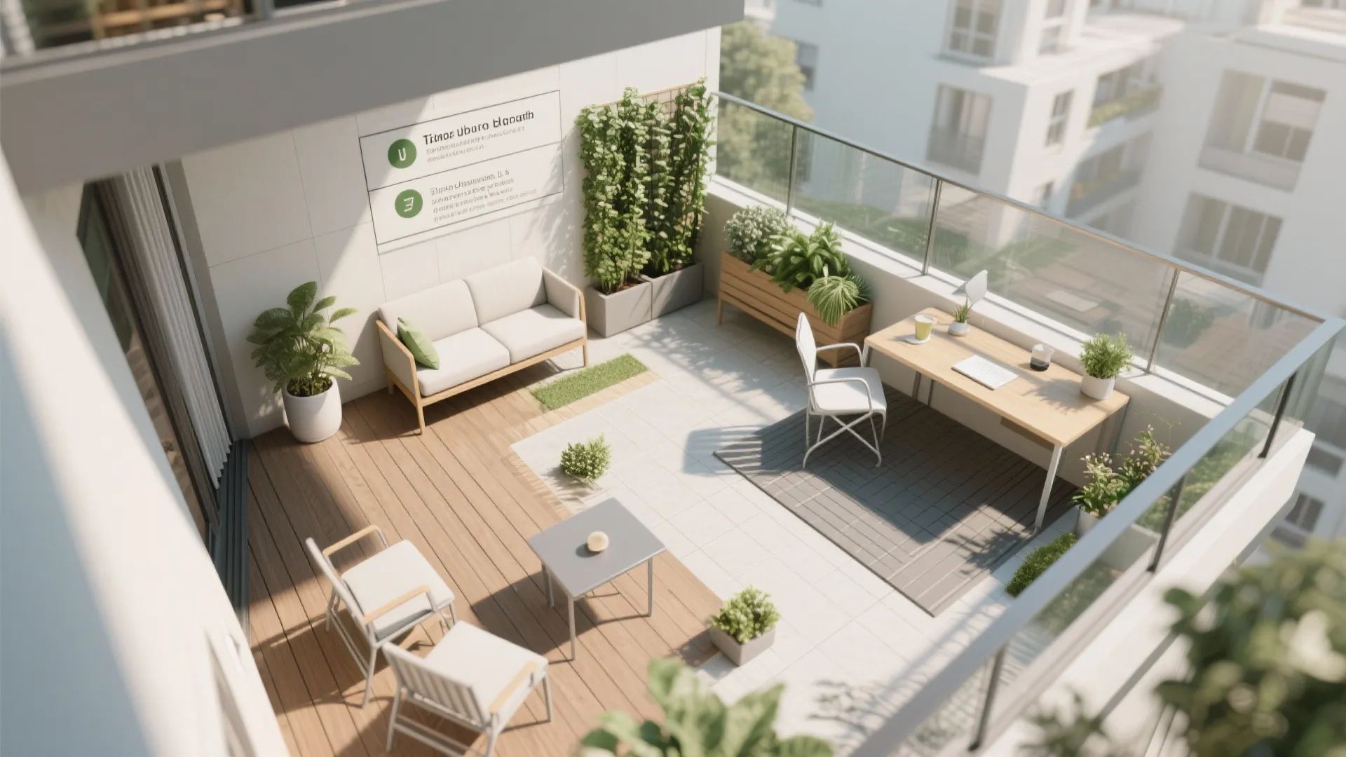 Top view of modern balcony with sofa desk chairs small table and green potted plants