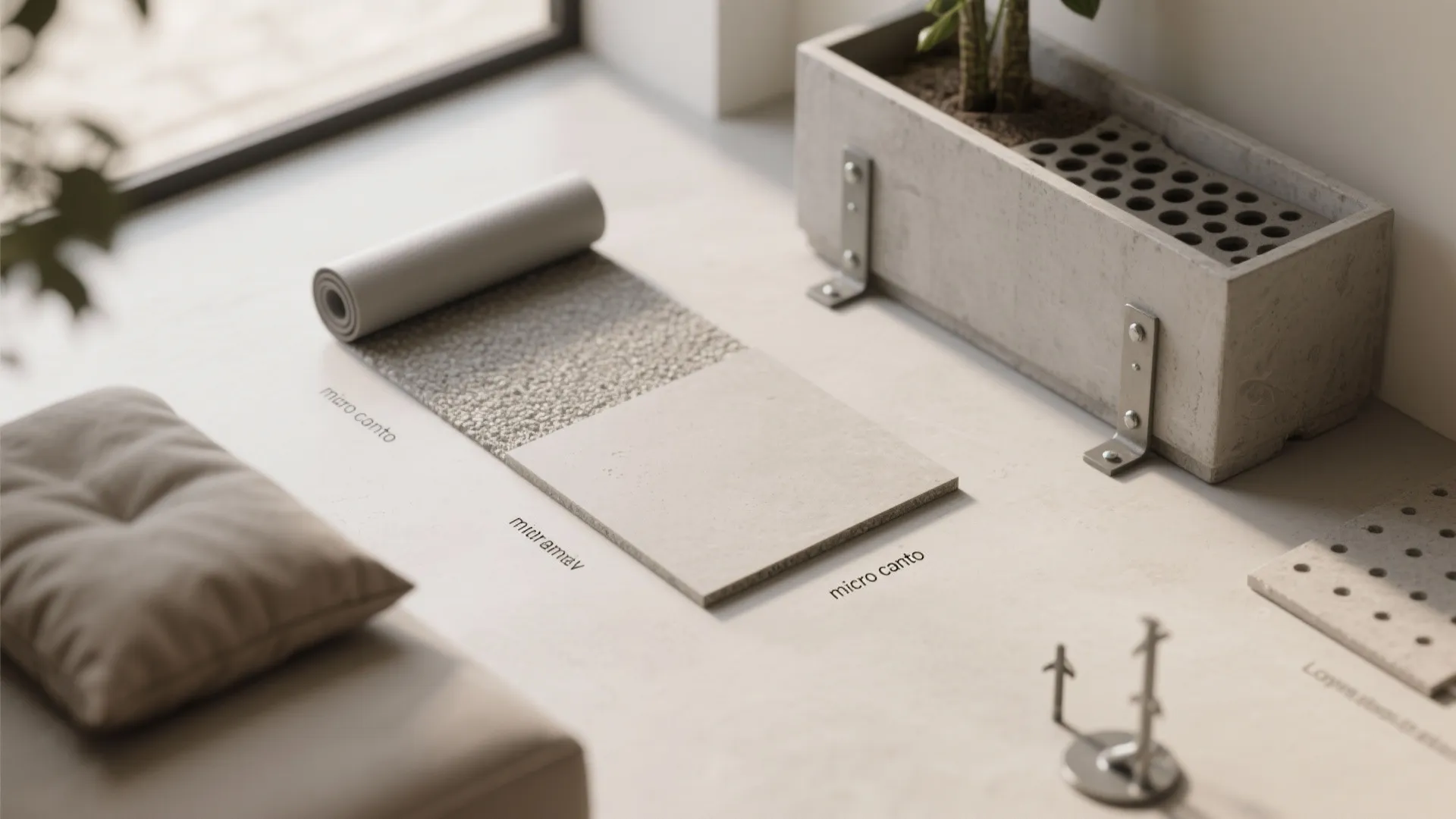 Interior design material samples including grey cement tiles and textures placed on a light floor