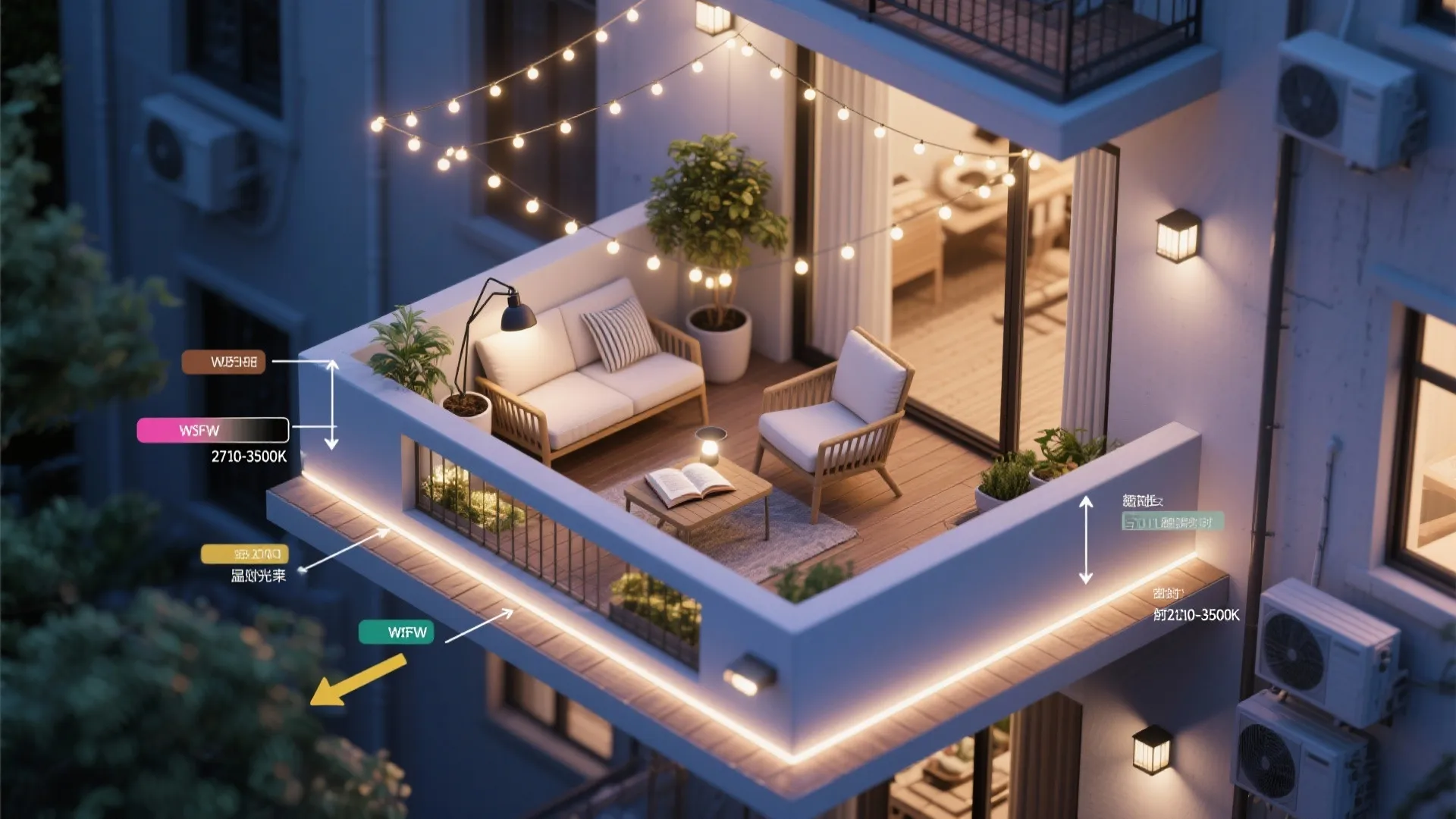Small apartment balcony at night with sofa chair string lights and labels for different lighting zones