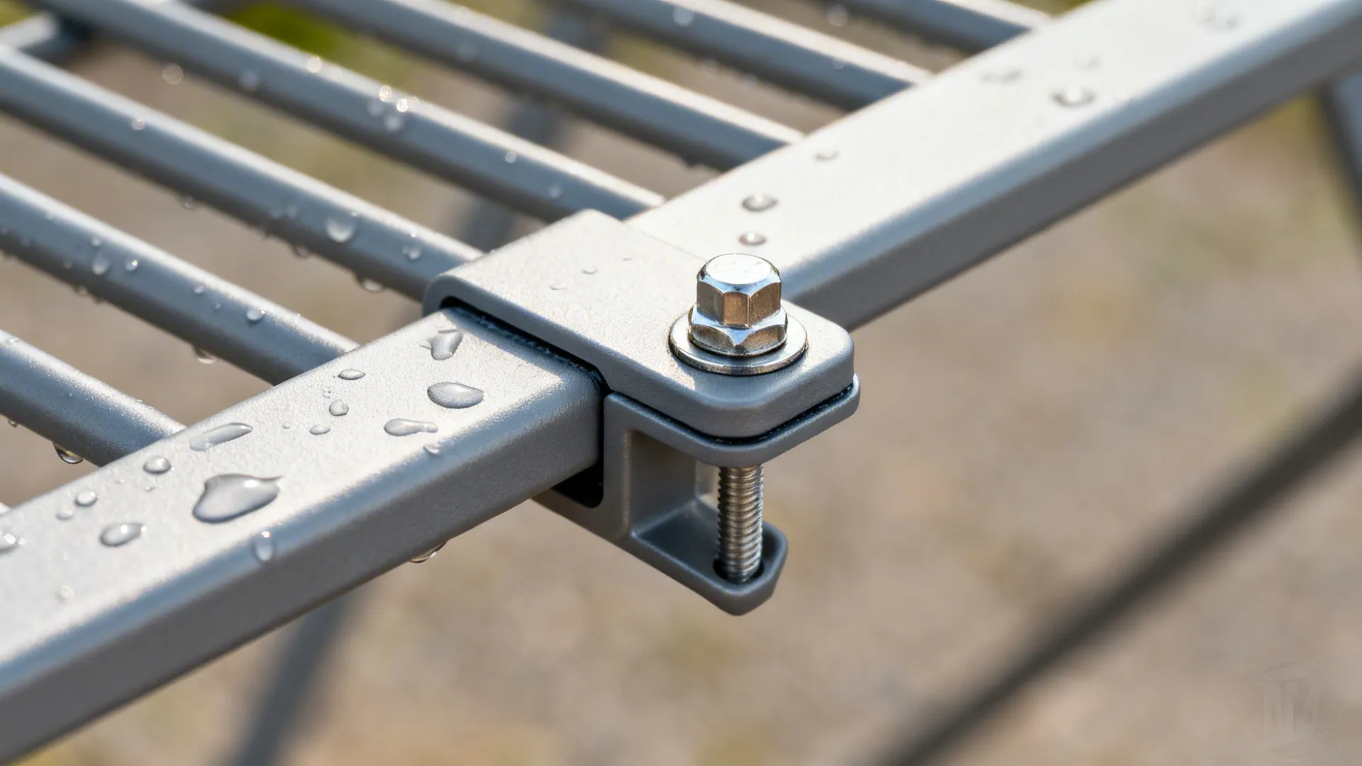 Macro of a powder-coated aluminium grill bracket with marine-grade stainless fastener and sealant.
