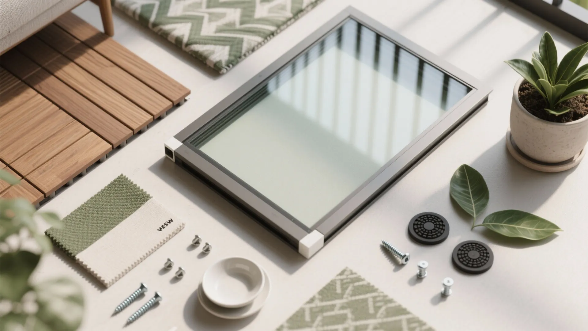 Flat lay of home renovation materials including wood tiles glass window frame screws and fabric samples