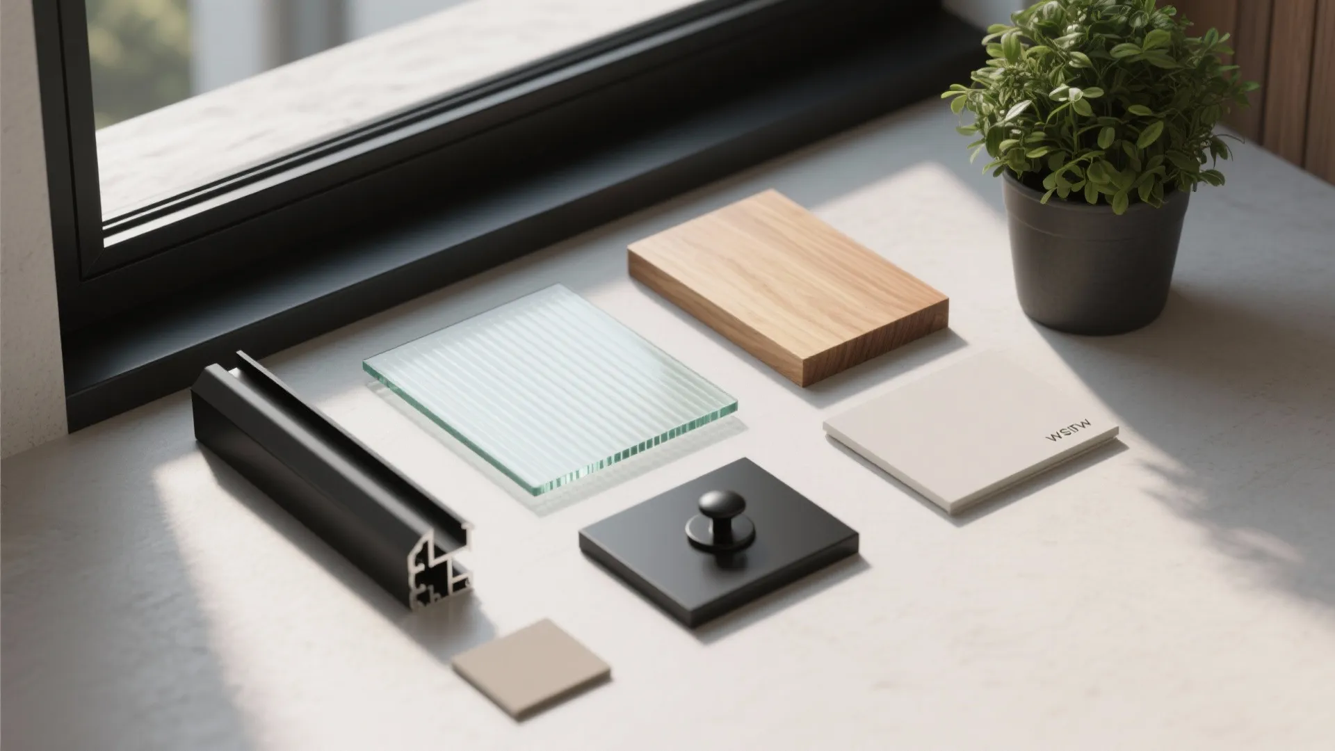 Interior design material samples including wood glass metal frame and small green plant on table