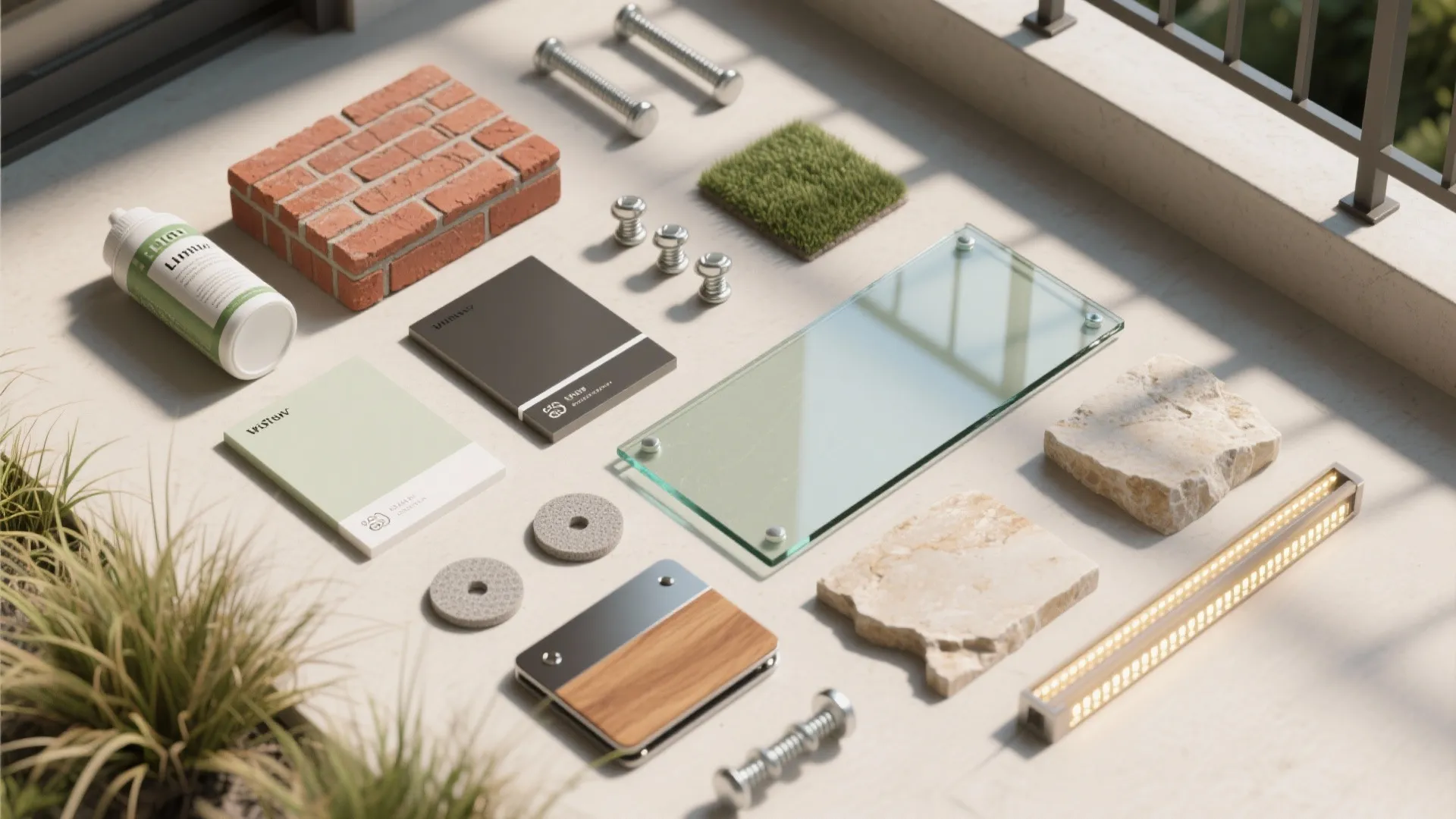 Collection of balcony design materials including red brick artificial grass stone glass screws and light