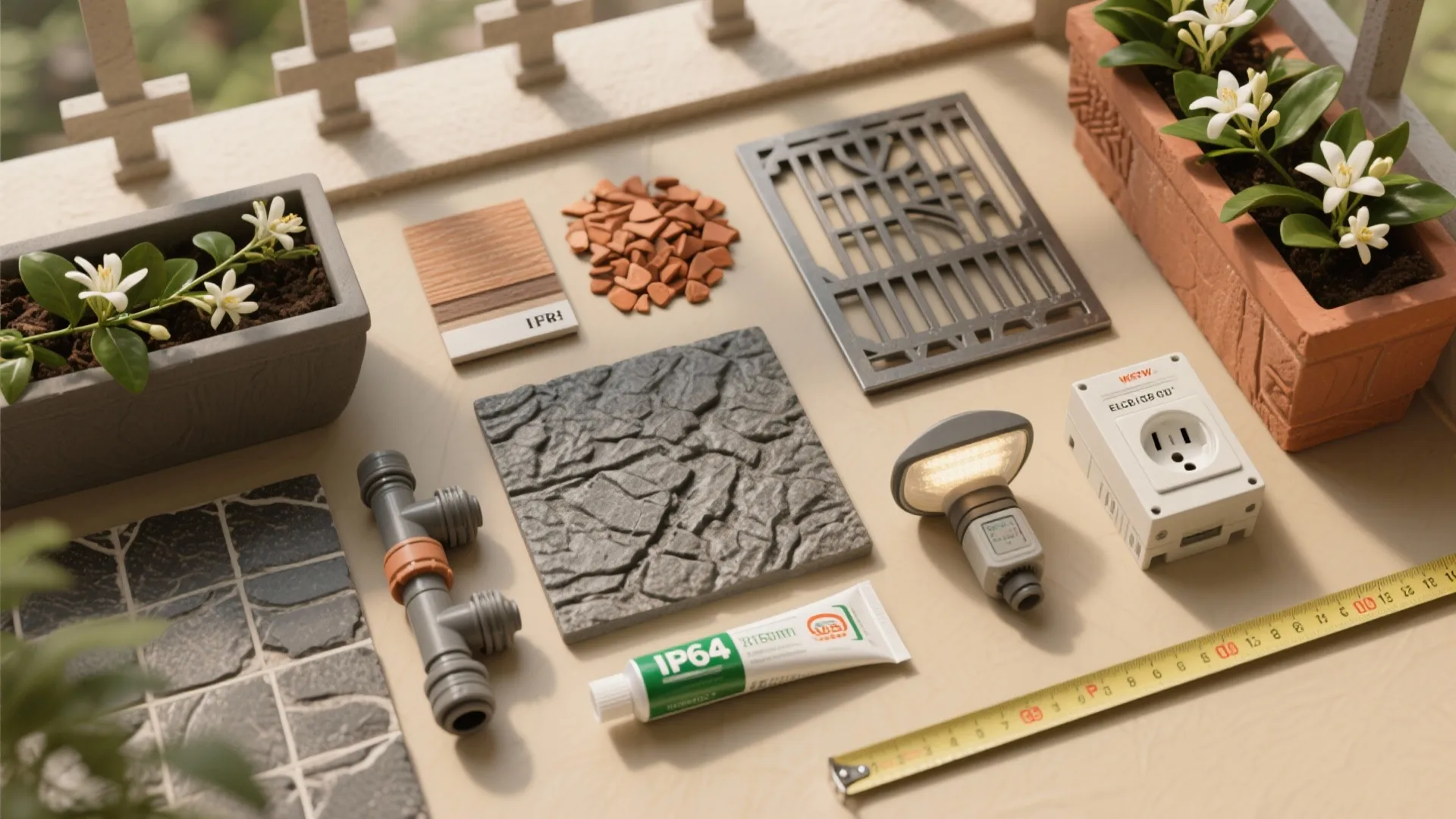 Outdoor balcony renovation materials including floor tiles wooden samples drainage grate wall light and measuring tape