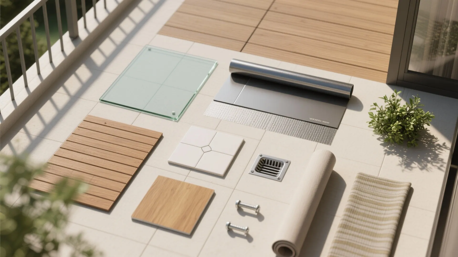 Flat lay of balcony flooring materials including wood panels tiles glass and small green plants
