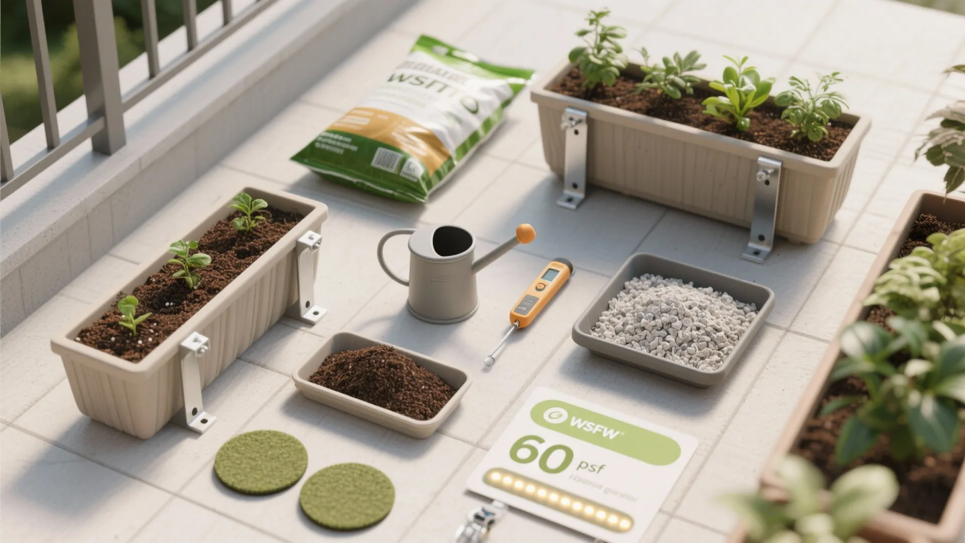 Top-down flat lay of balcony planter essentials: brackets, coco liners, potting mix, perlite, LED strip, tools, and care items.