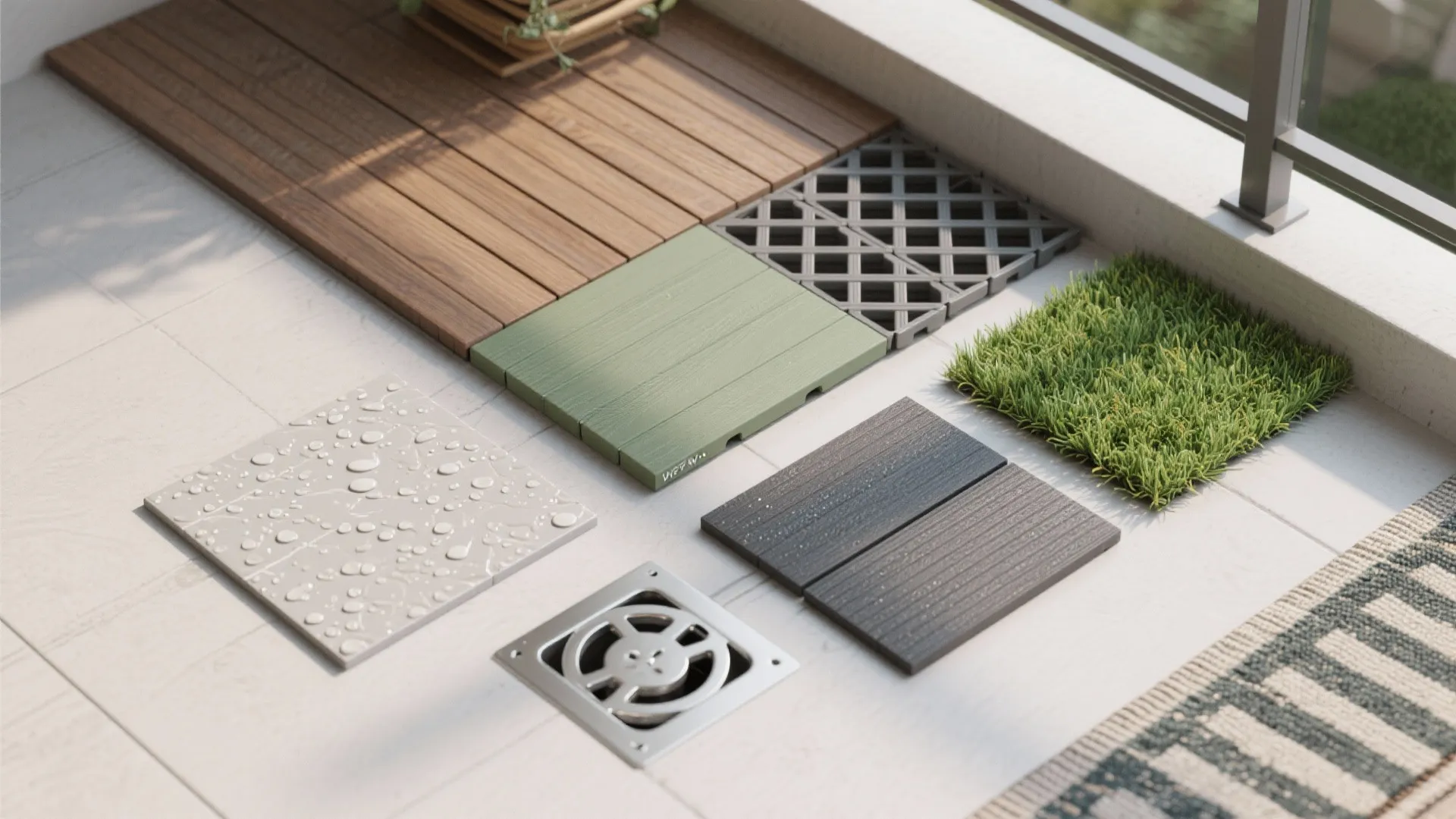 Different floor tile samples showing wood and grass options laid out on a balcony floor