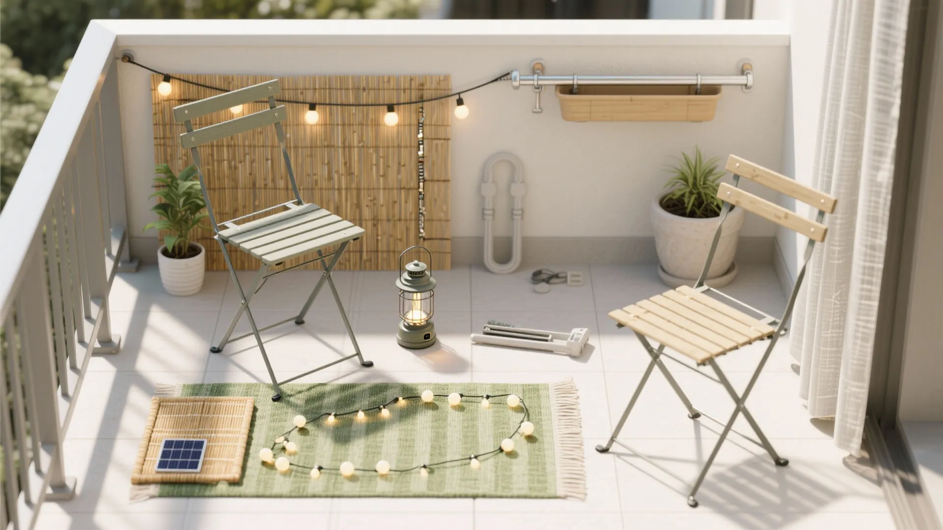 Balcony layout view showing two folding chairs green rug string lights and small floor lantern