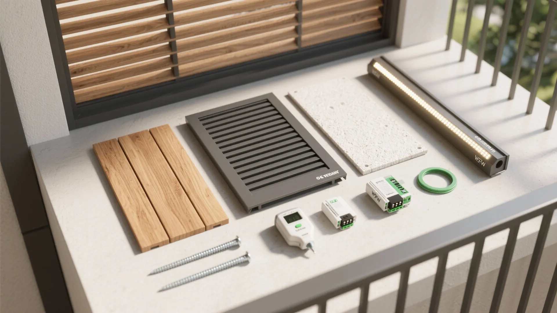 Collection of home building materials including wood planks grey vent stone tile and small tools