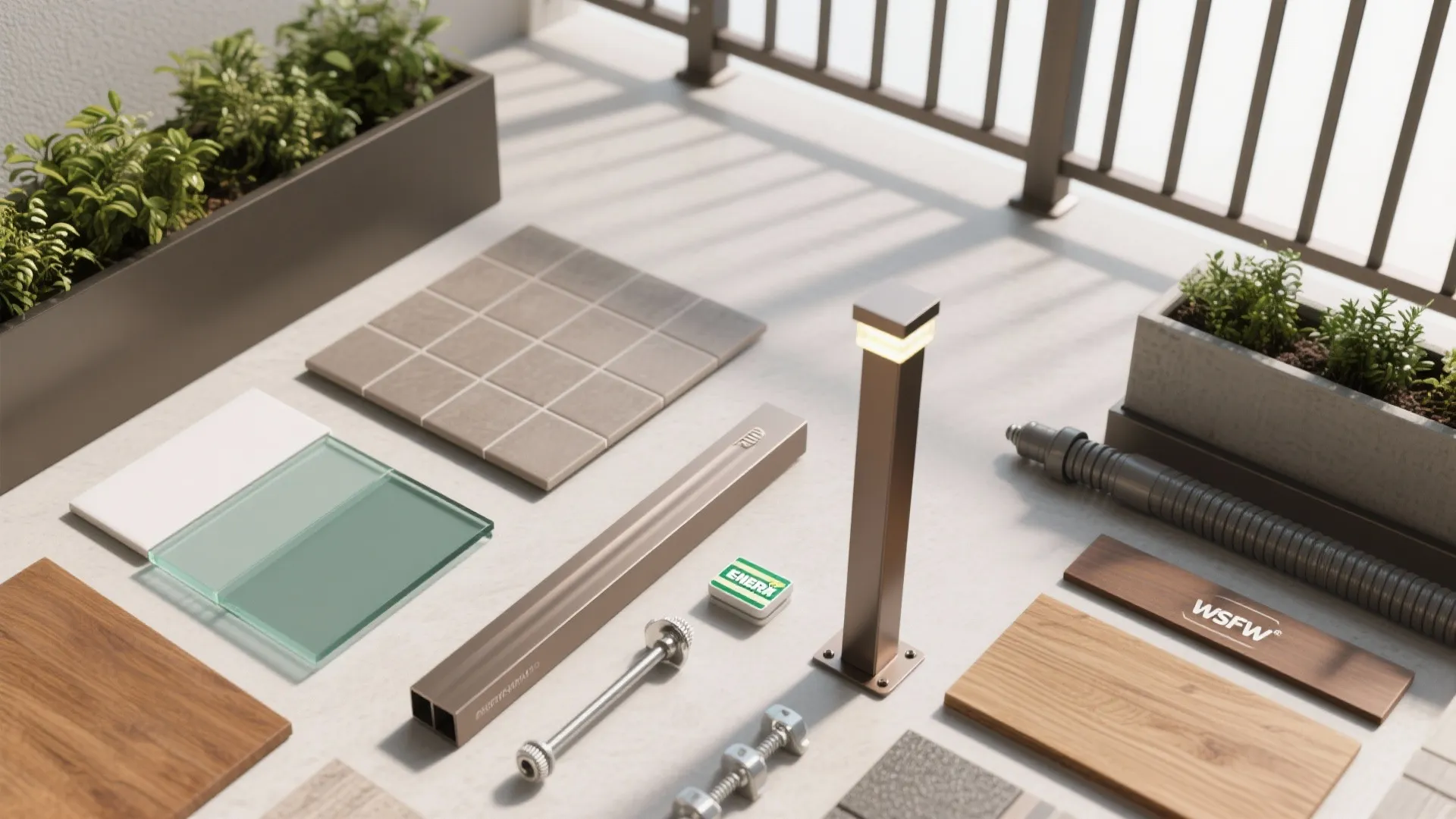 Flat lay of balcony building materials including floor tiles wood planks glass panels and light fixtures