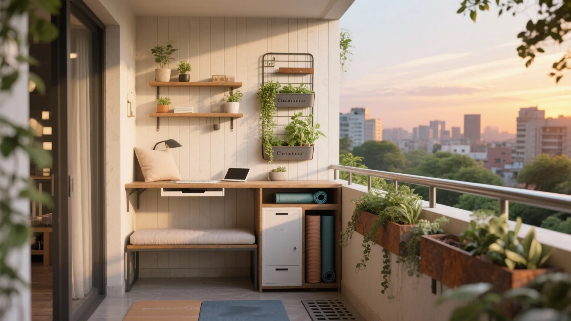4) Balcony to do double duty: work nook by day, wellness by night
