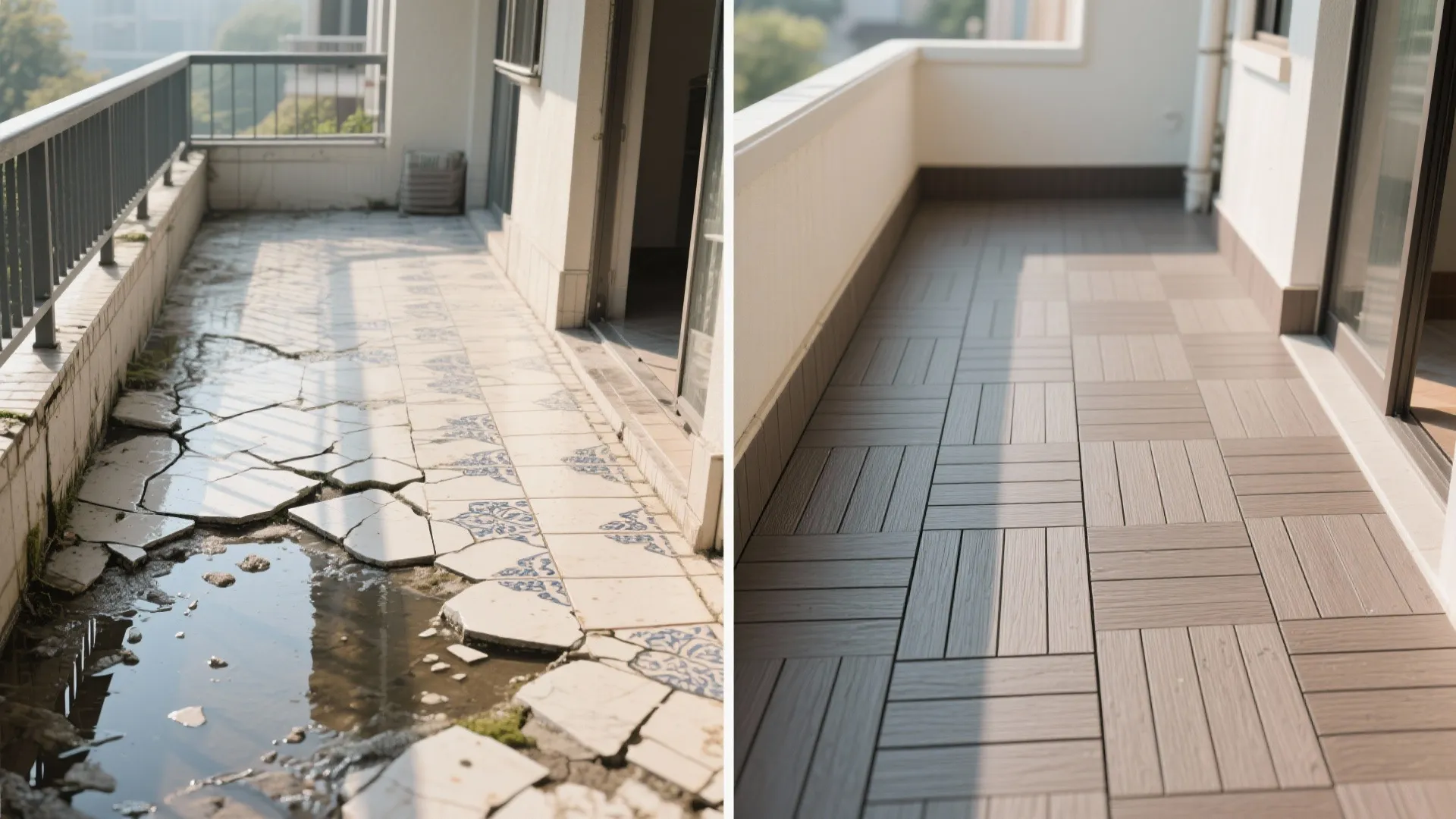 Before-after comparison of cracked tiles replaced with composite interlocking deck tiles.