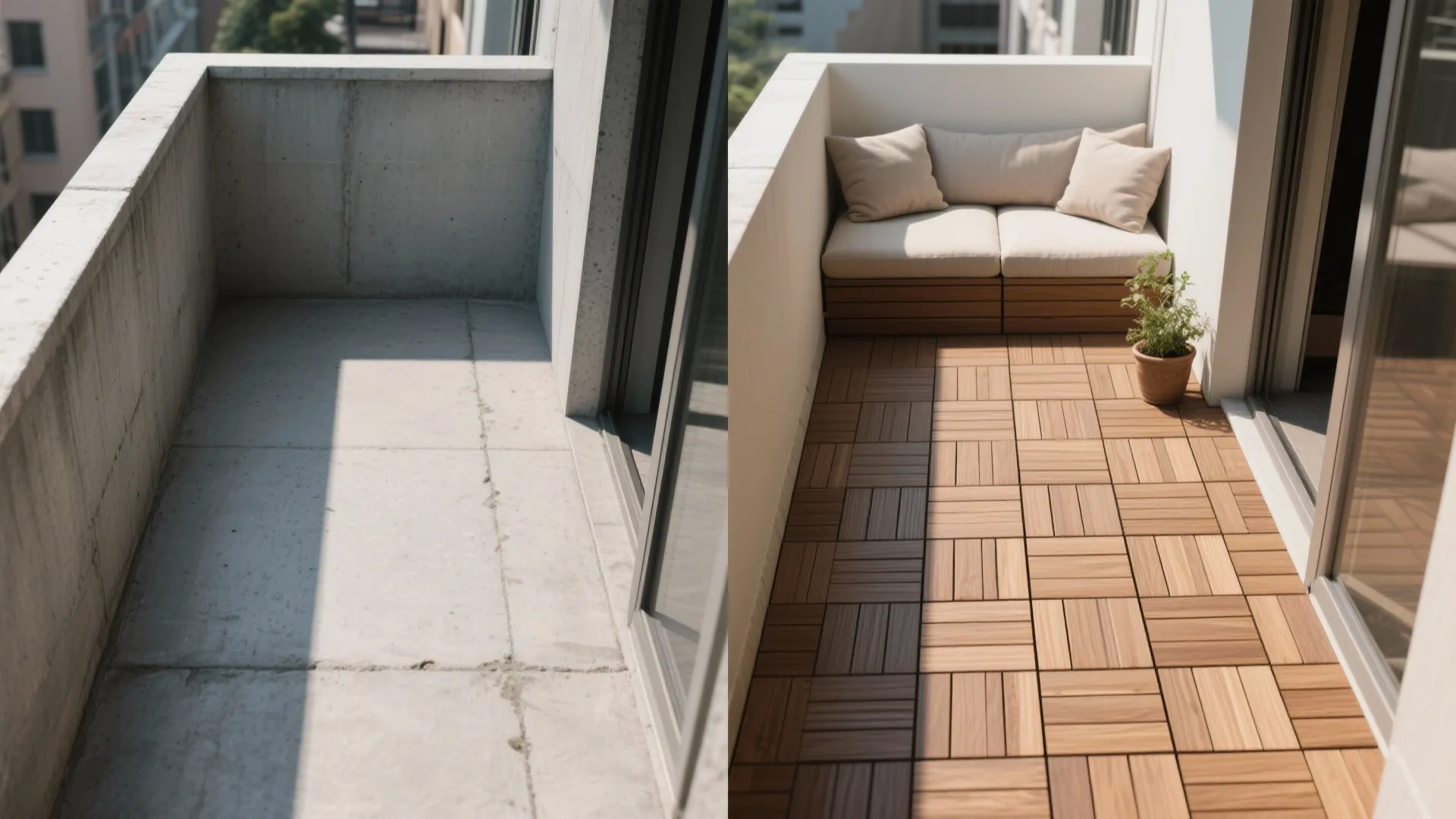 Before and after comparison of an empty concrete balcony floor and new wooden floor tiles
