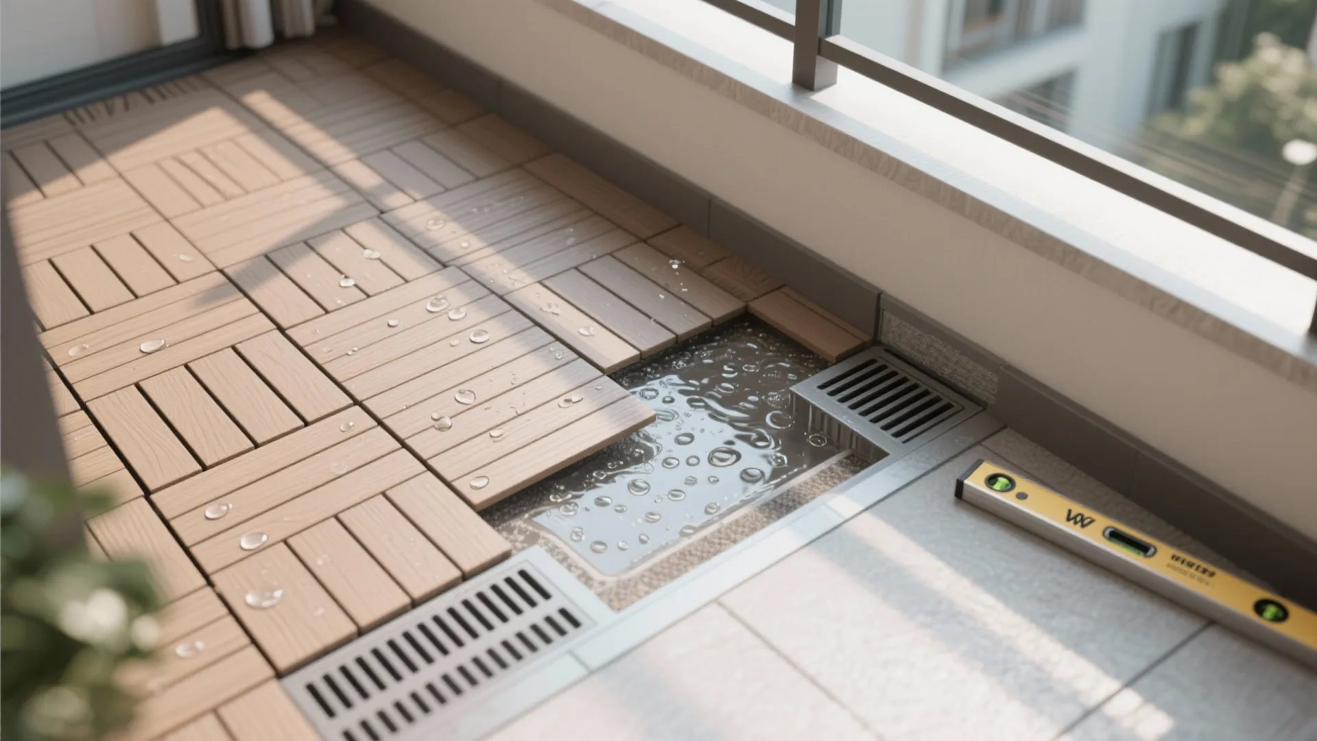 Top-down view of composite balcony tiles with drainage slope and corner drain.