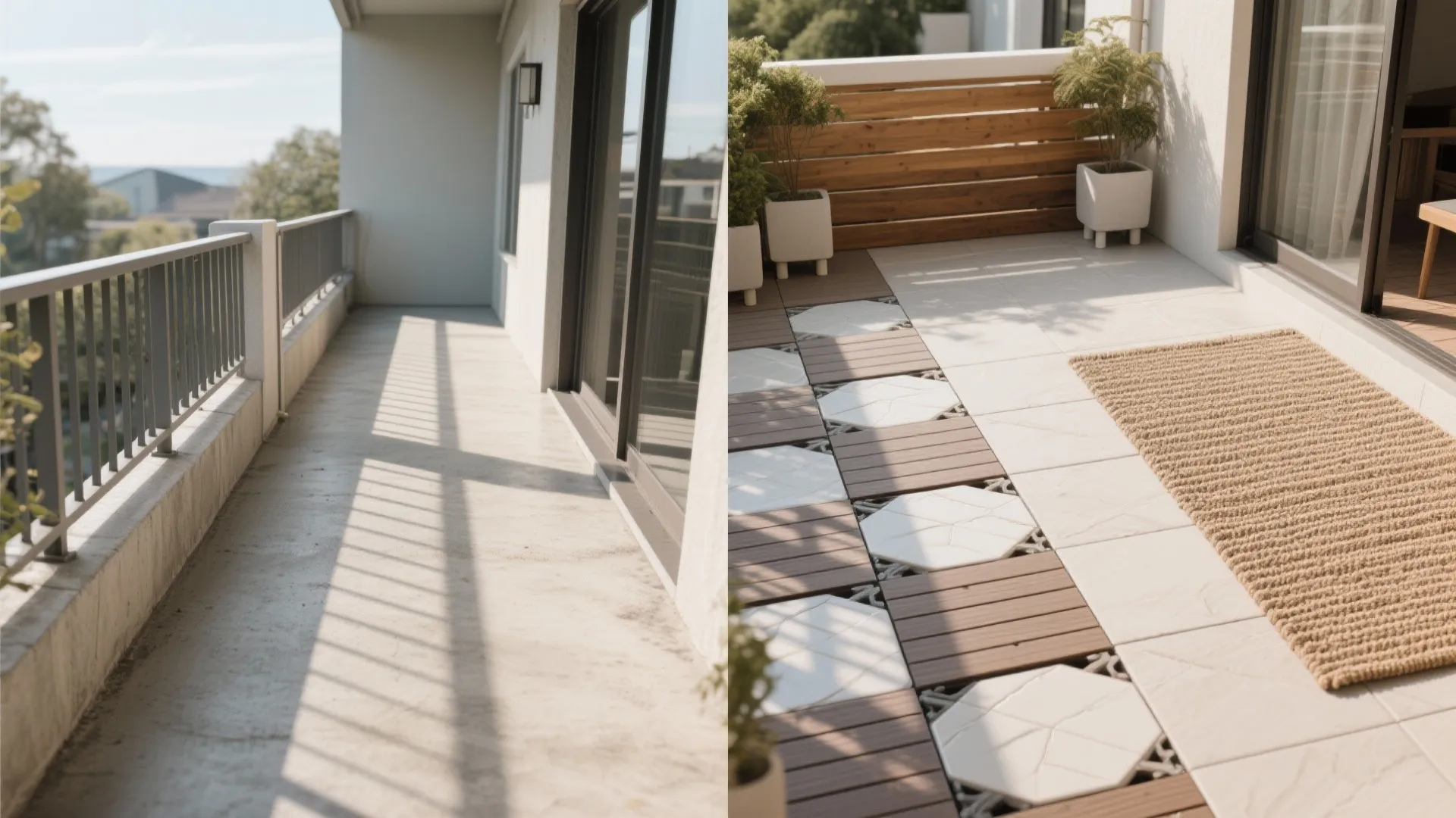 Before and after comparison of a bare concrete balcony and a renovated outdoor patio space