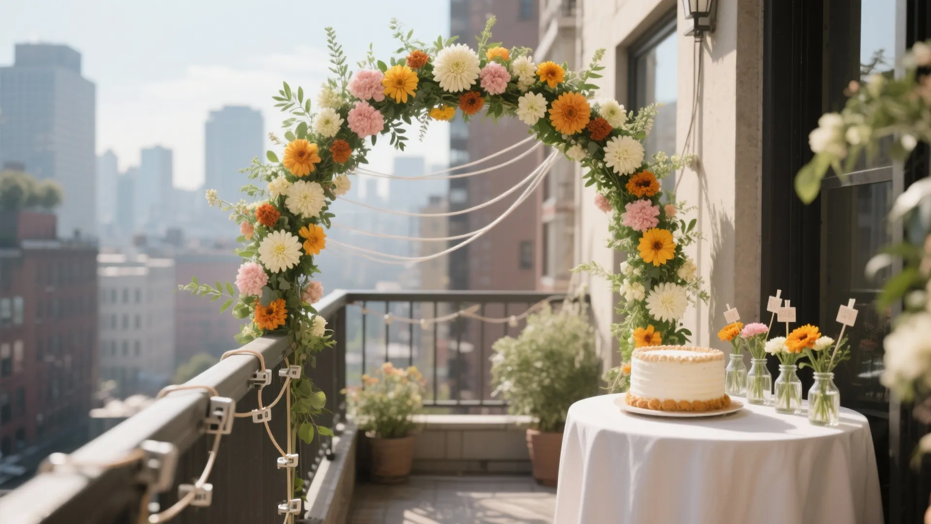 Compact balcony floral arch with clamp bases, mixed blooms, a small cake table, and bud vases for guests.