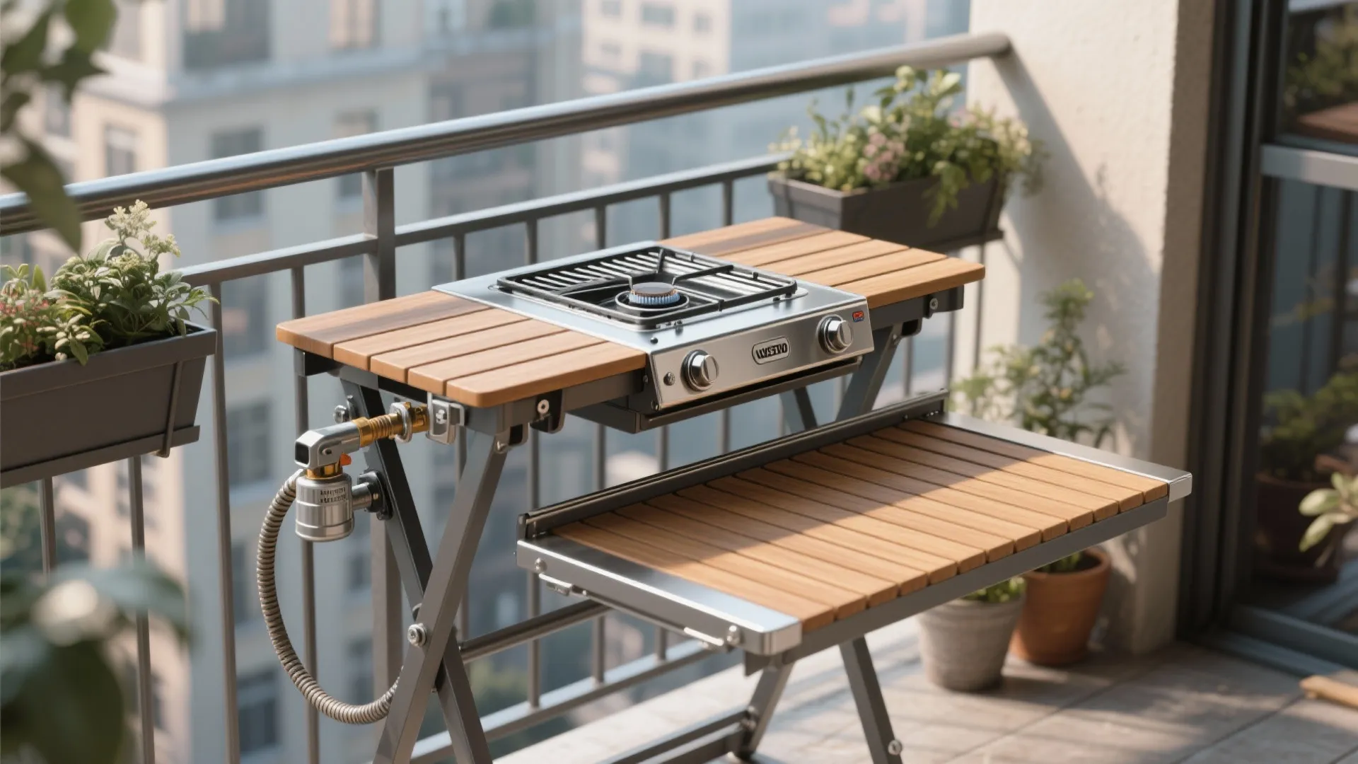 Folding wooden table with small gas stove on balcony railing featuring city view and plants