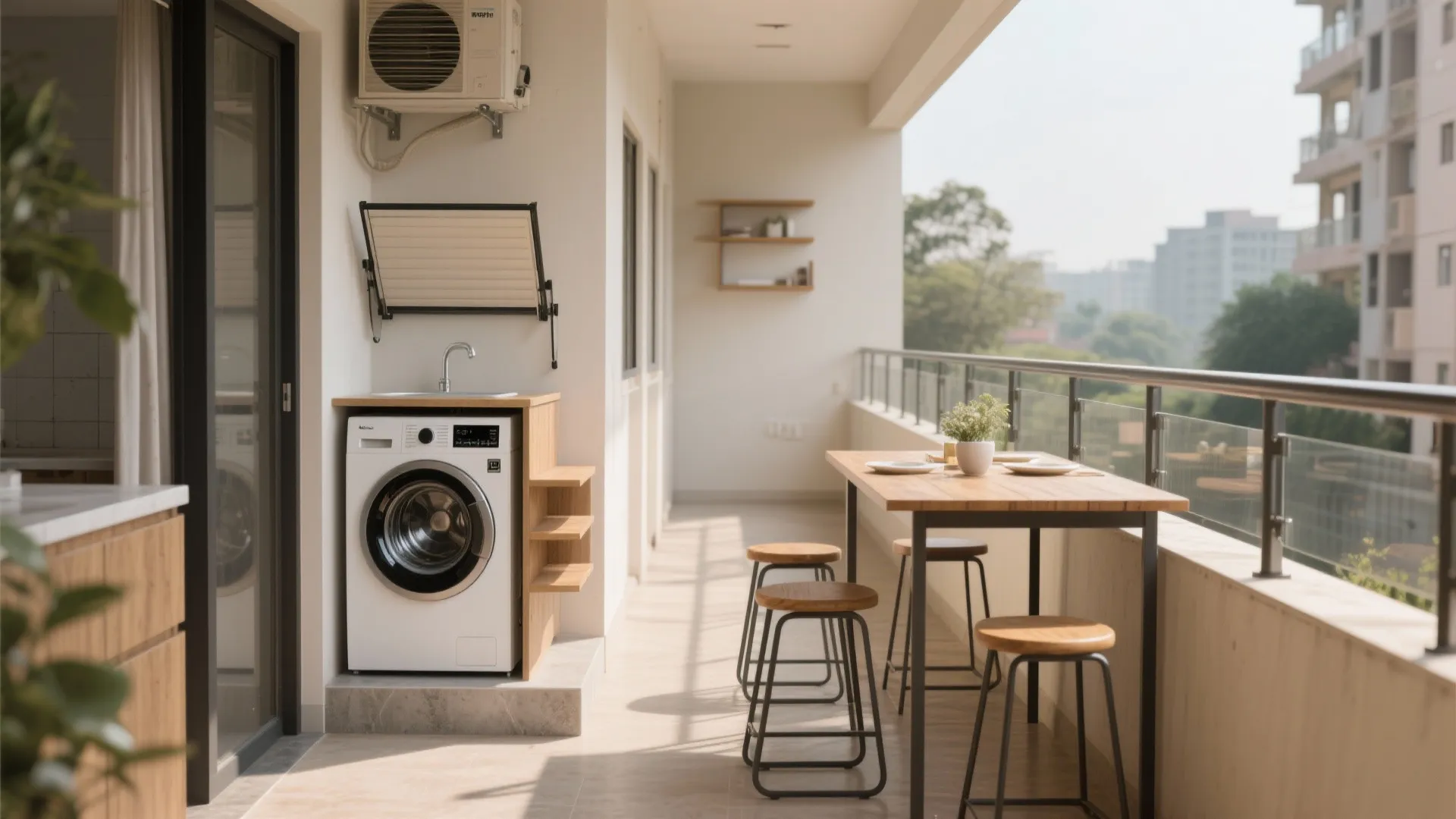 Multipurpose Zones: Balcony Utility & Fold-Away Dining