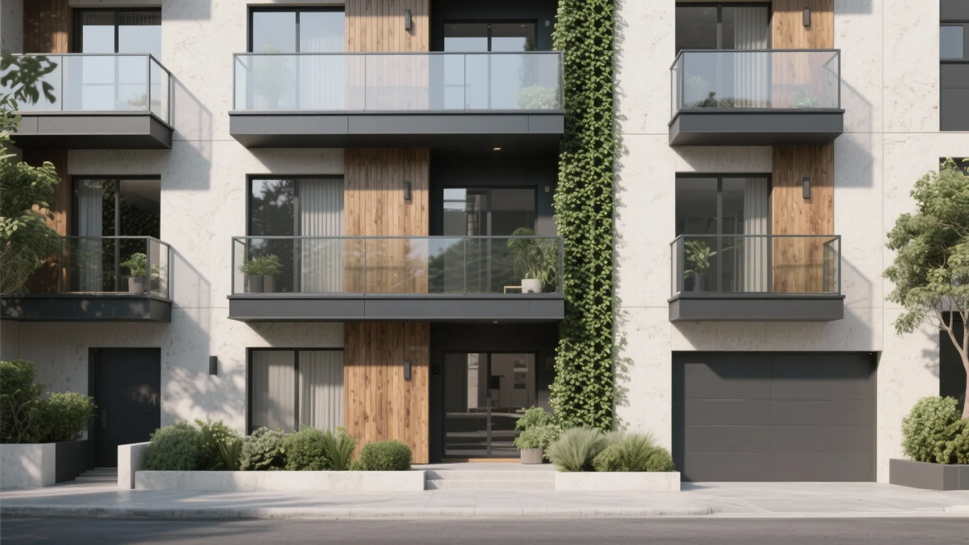 Modern apartment building exterior design with glass balconies wooden panels and vertical green plant walls