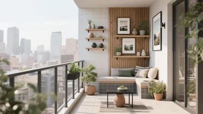Urban Balcony Oasis with Wood and Greenery