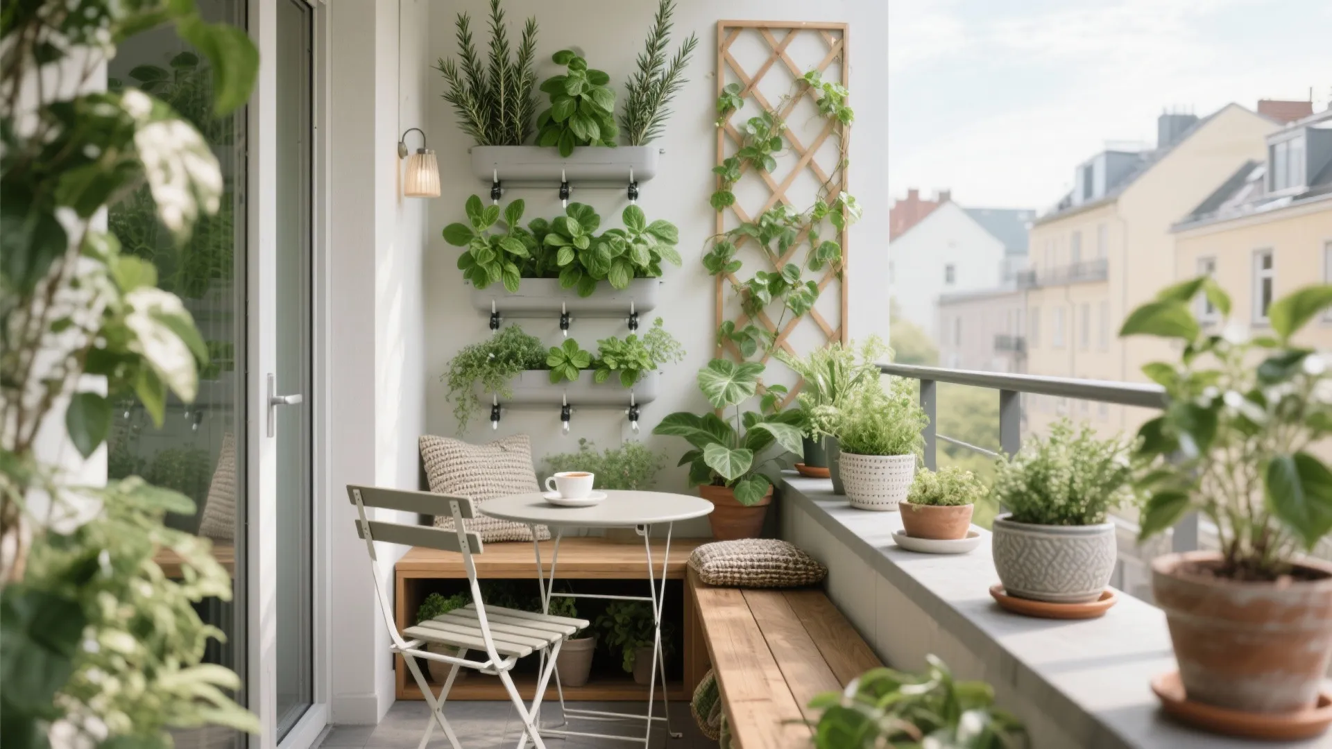 Green Balcony Retreat: Vertical Garden, Planters, and Seating