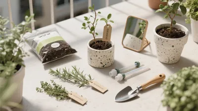Indoor Gardening Setup with Terrazzo Pots and Natural Light