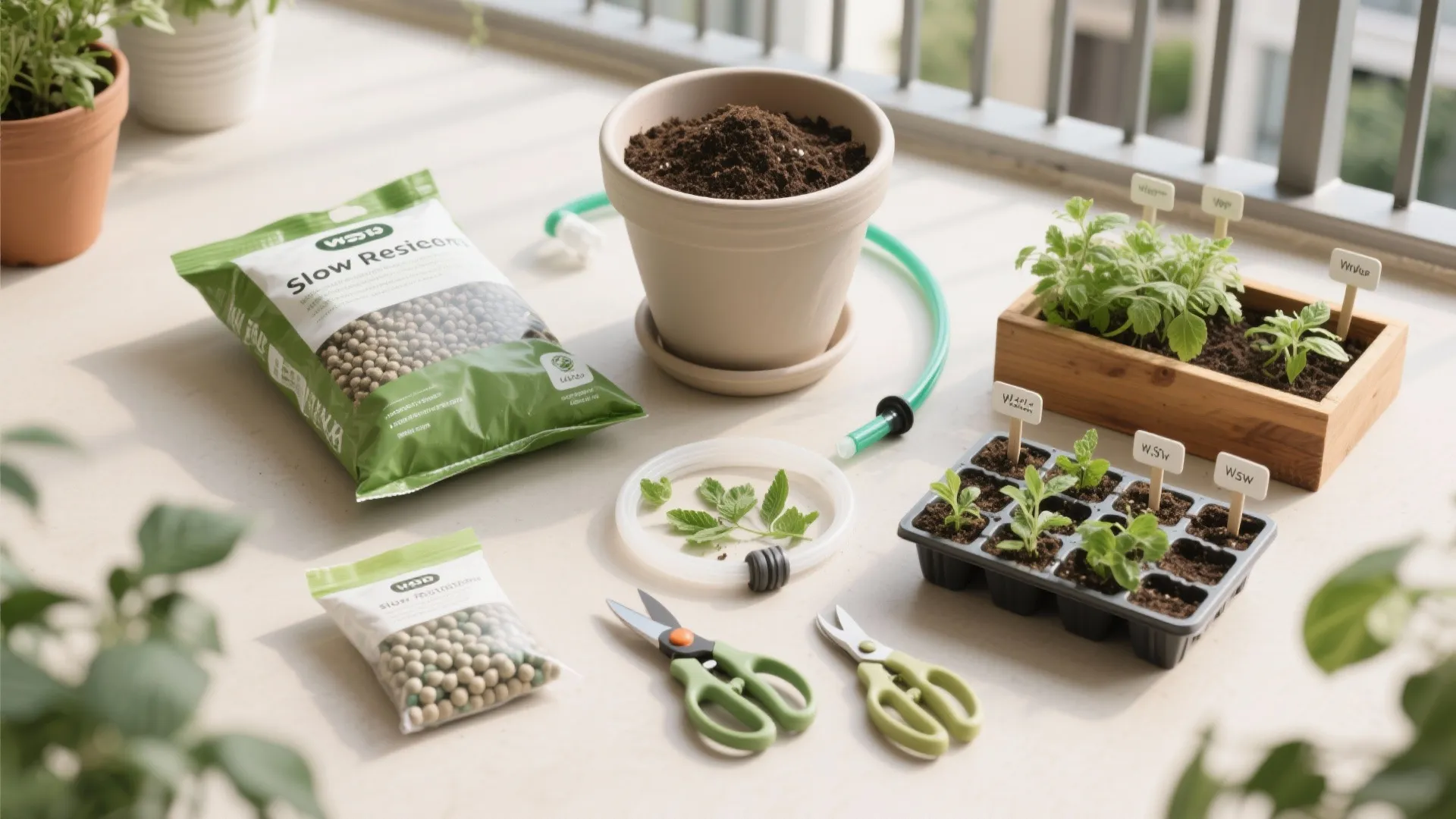 Flatlay of resin pot, potting mix, drip kit, fertilizer, and herb seedlings.