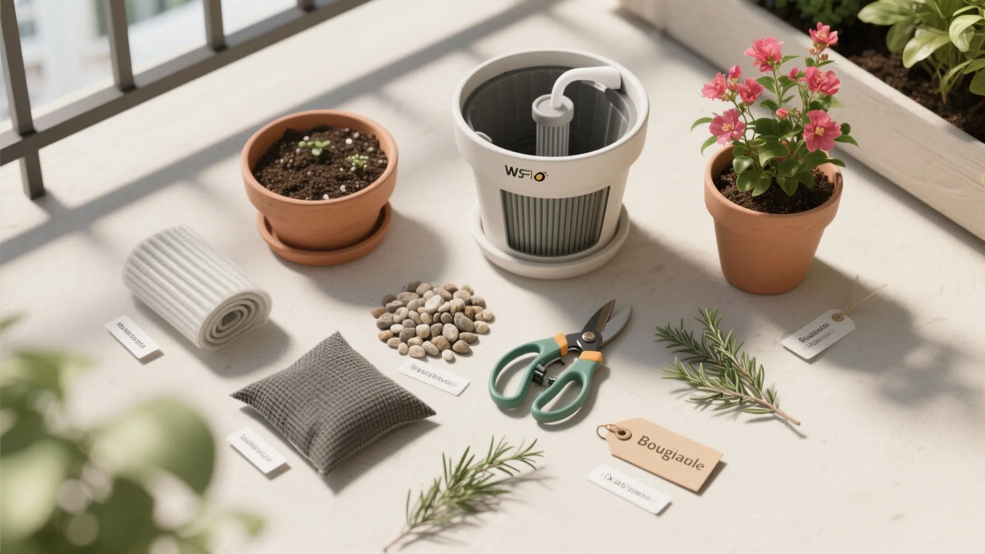 Top-down flat lay of self-watering pot parts, potting mix, clay pebbles, tools, and shade cloth.