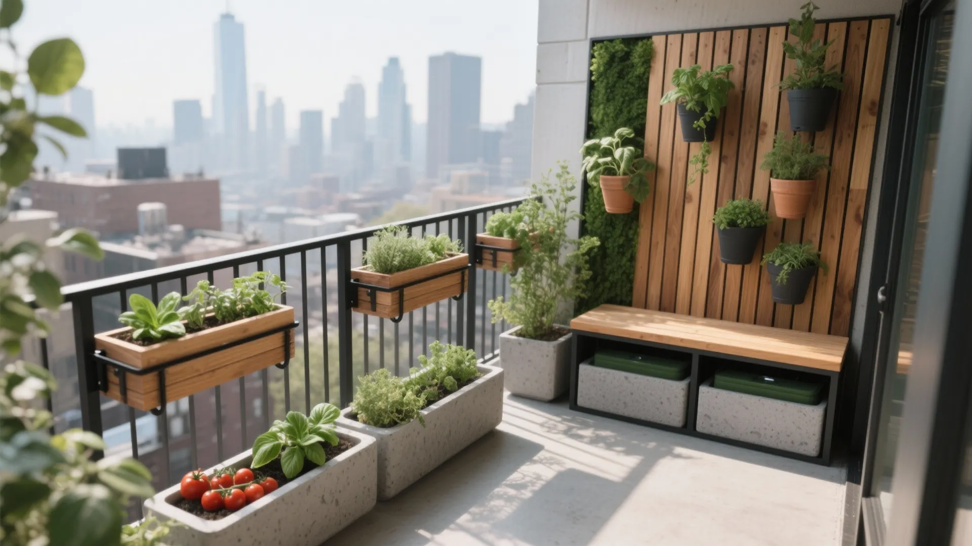 Modern balcony garden with wooden wall panels hanging plants bench and city view in the background