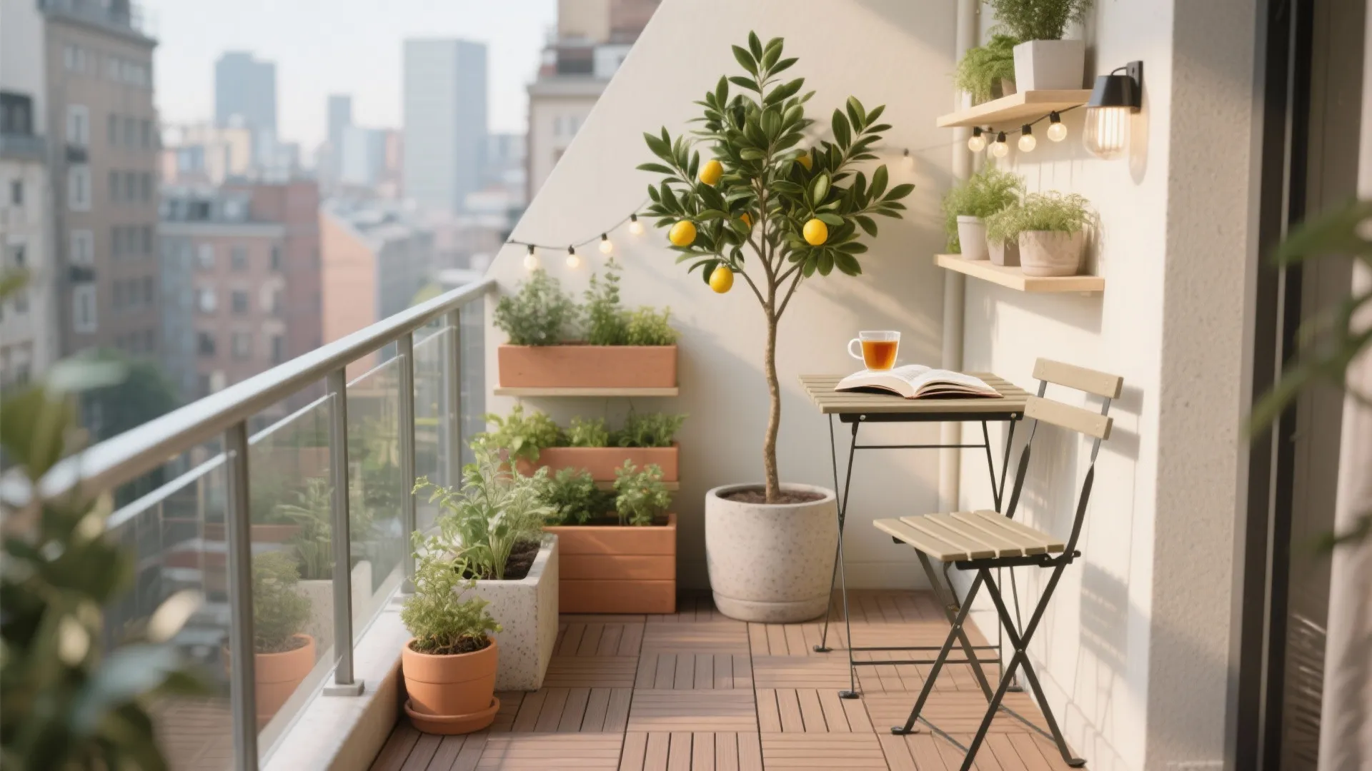 Modern apartment balcony garden featuring potted lemon tree table chair lights and city view scenery