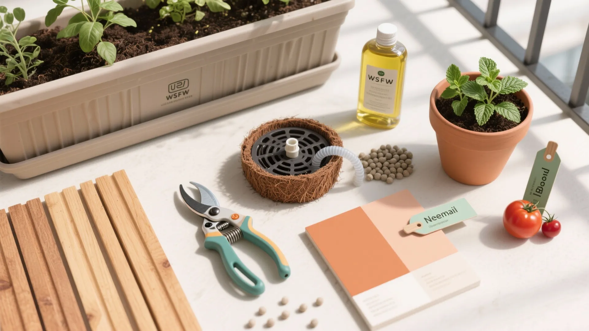 Flat lay of cedar slat, resin planter, coco liner, drip gear, shears, and fertilizer.