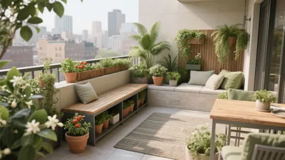 Urban Balcony Garden with Comfortable Seating