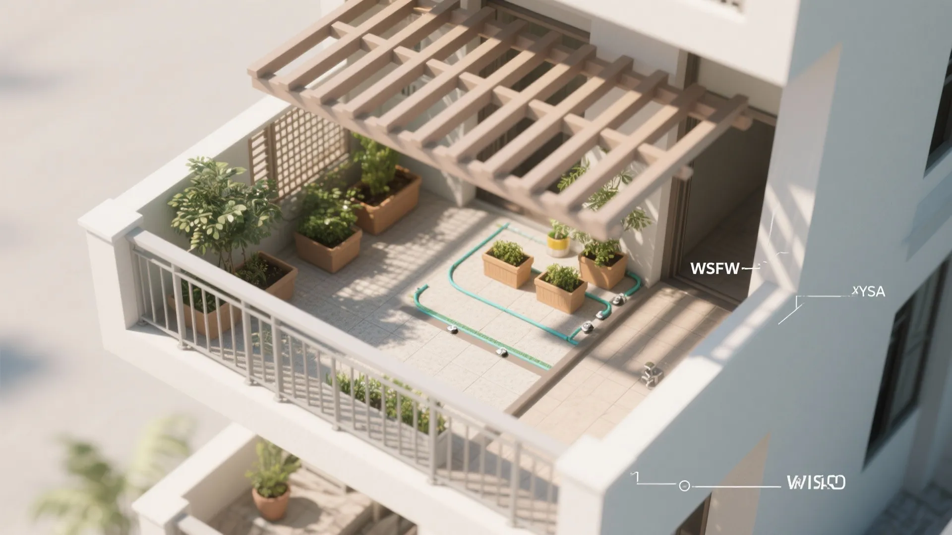 Shaded greenery: pergola, planters, and micro-edible garden