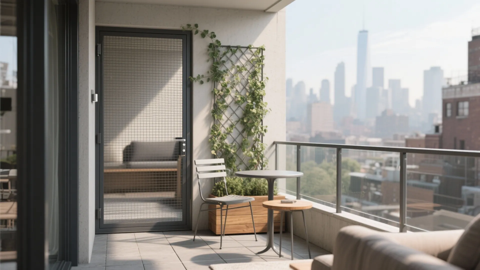 Modern apartment balcony featuring grey screen door metal chair wooden planter table and city view