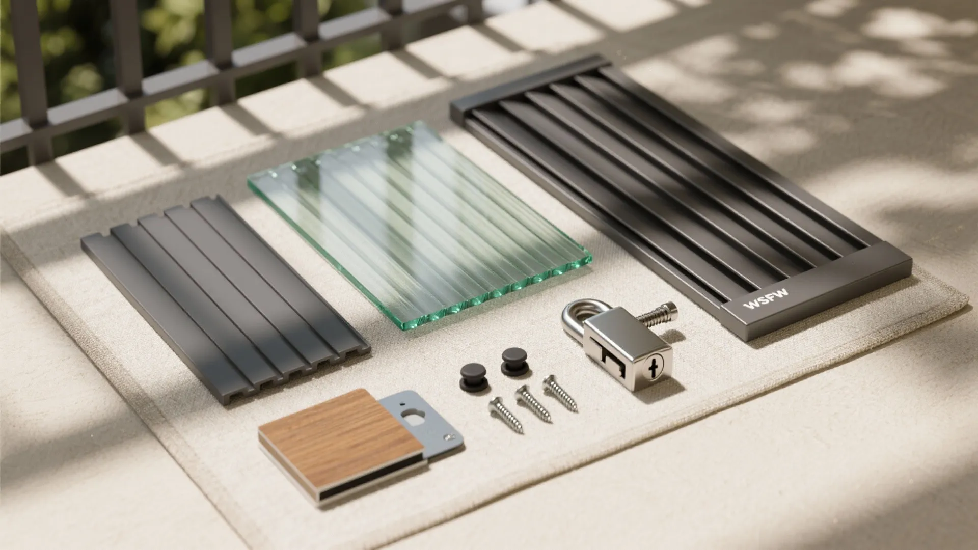 Assembly parts including metal panels glass and screws for a balcony gate on a cloth