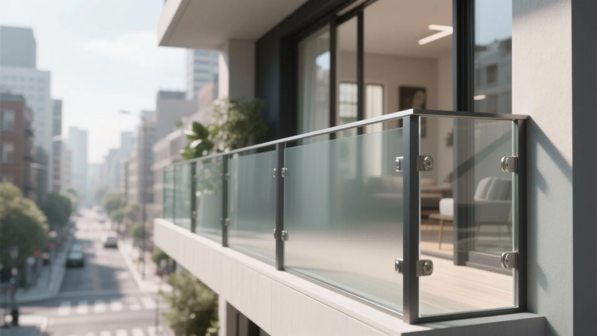 Modern apartment balcony with frosted glass railing overlooking a busy city street during the daytime