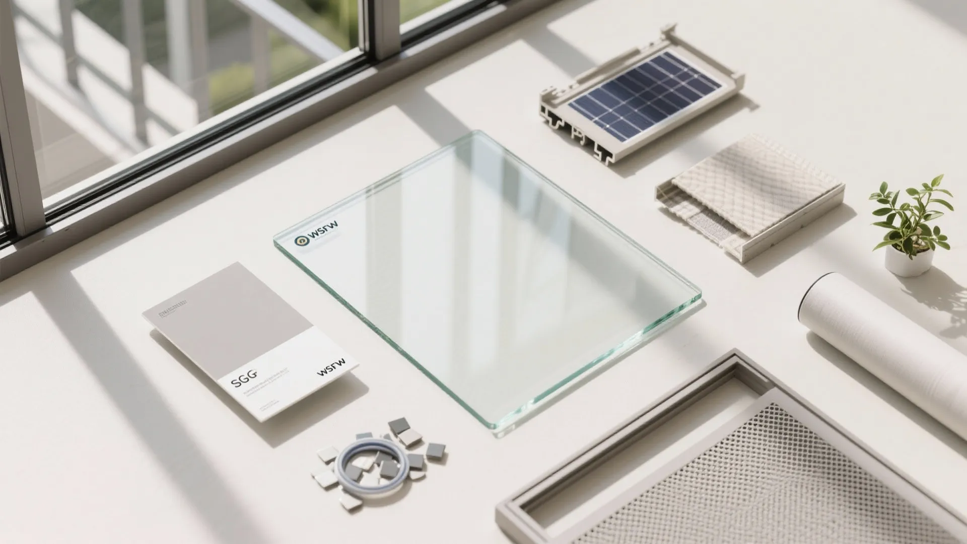 A collection of balcony glass samples and material swatches placed neatly on a bright tabletop