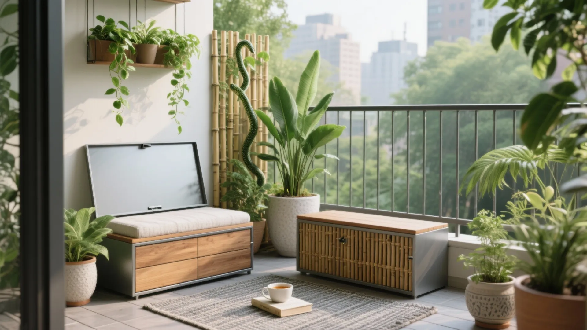 Outdoor balcony with green plants wooden storage bench small rug tea cup and city view