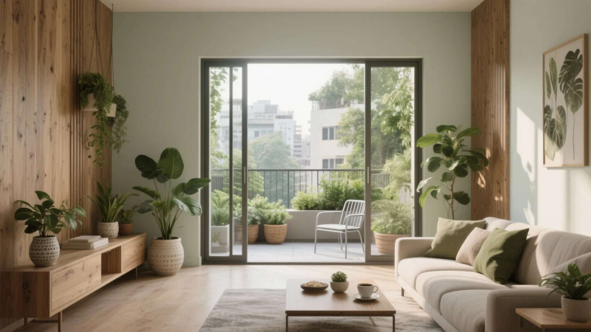 5) Natural materials and balcony integration for calm luxury