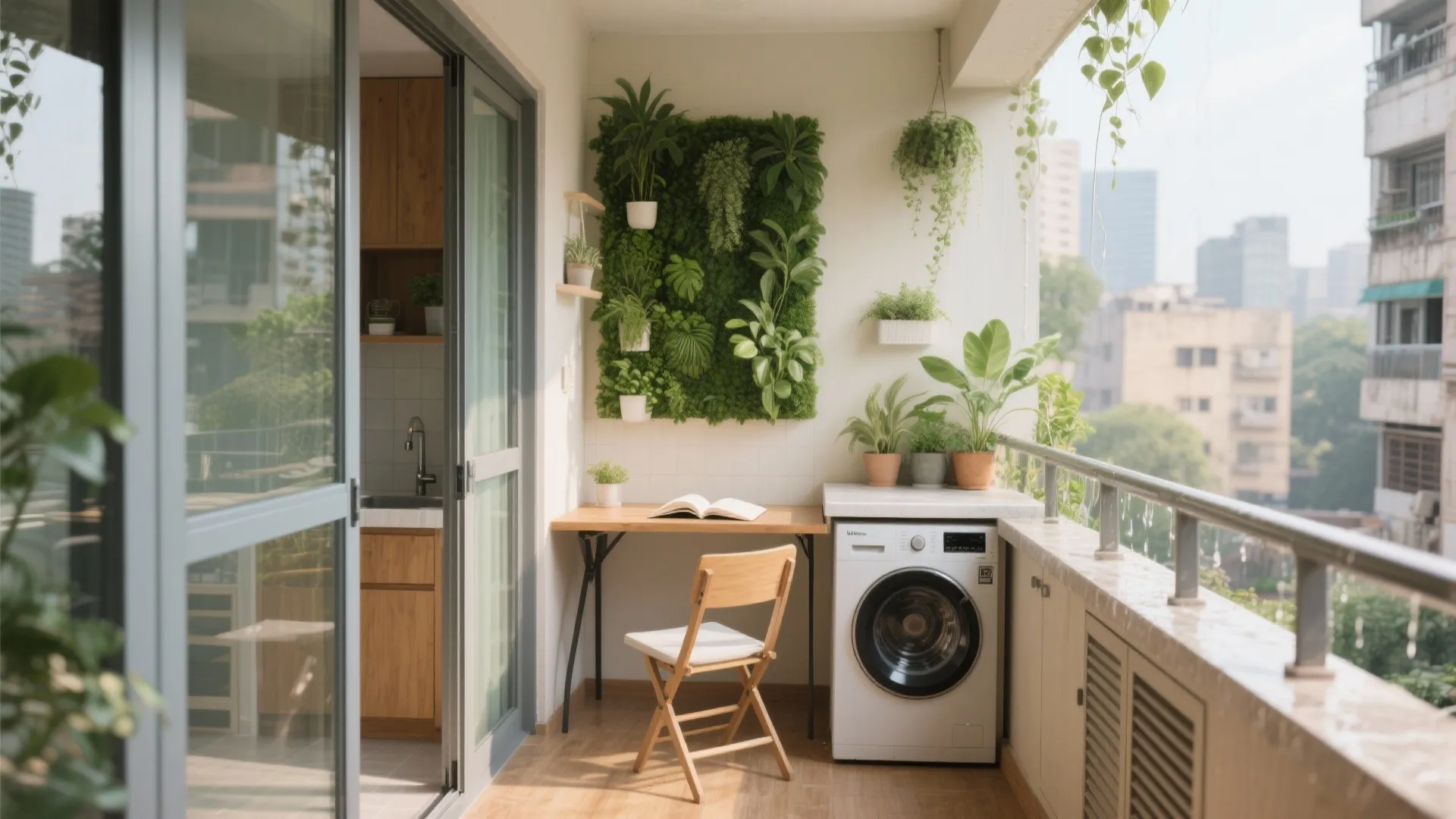 Small balcony featuring a green plant wall, washing machine, wooden desk, chair and city view