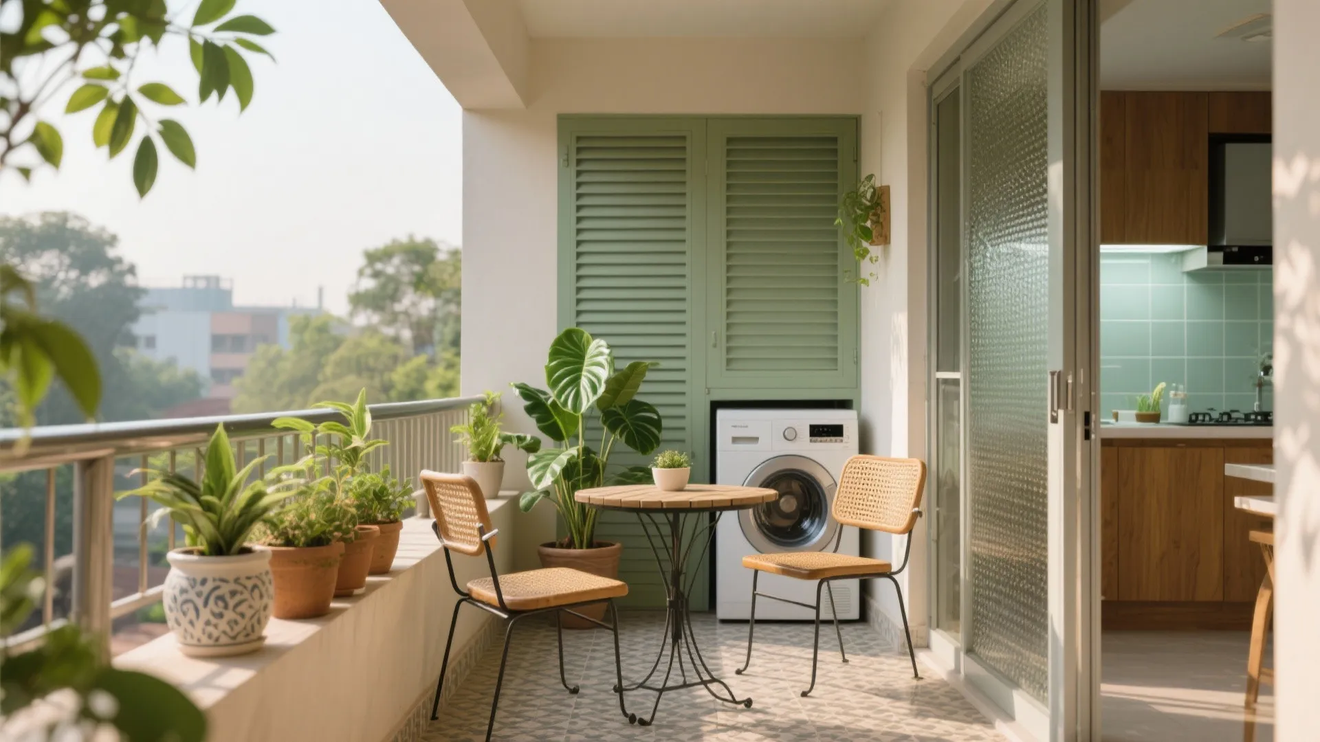 Balcony as biophilic nook + utility zone with dust and noise control