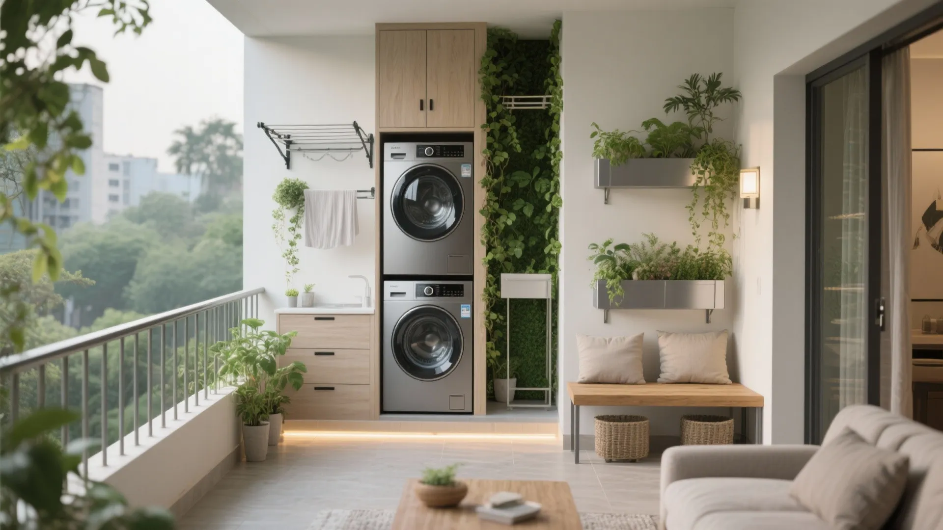 3) Balcony Biophilia: Utility Meets a Calm Green Nook