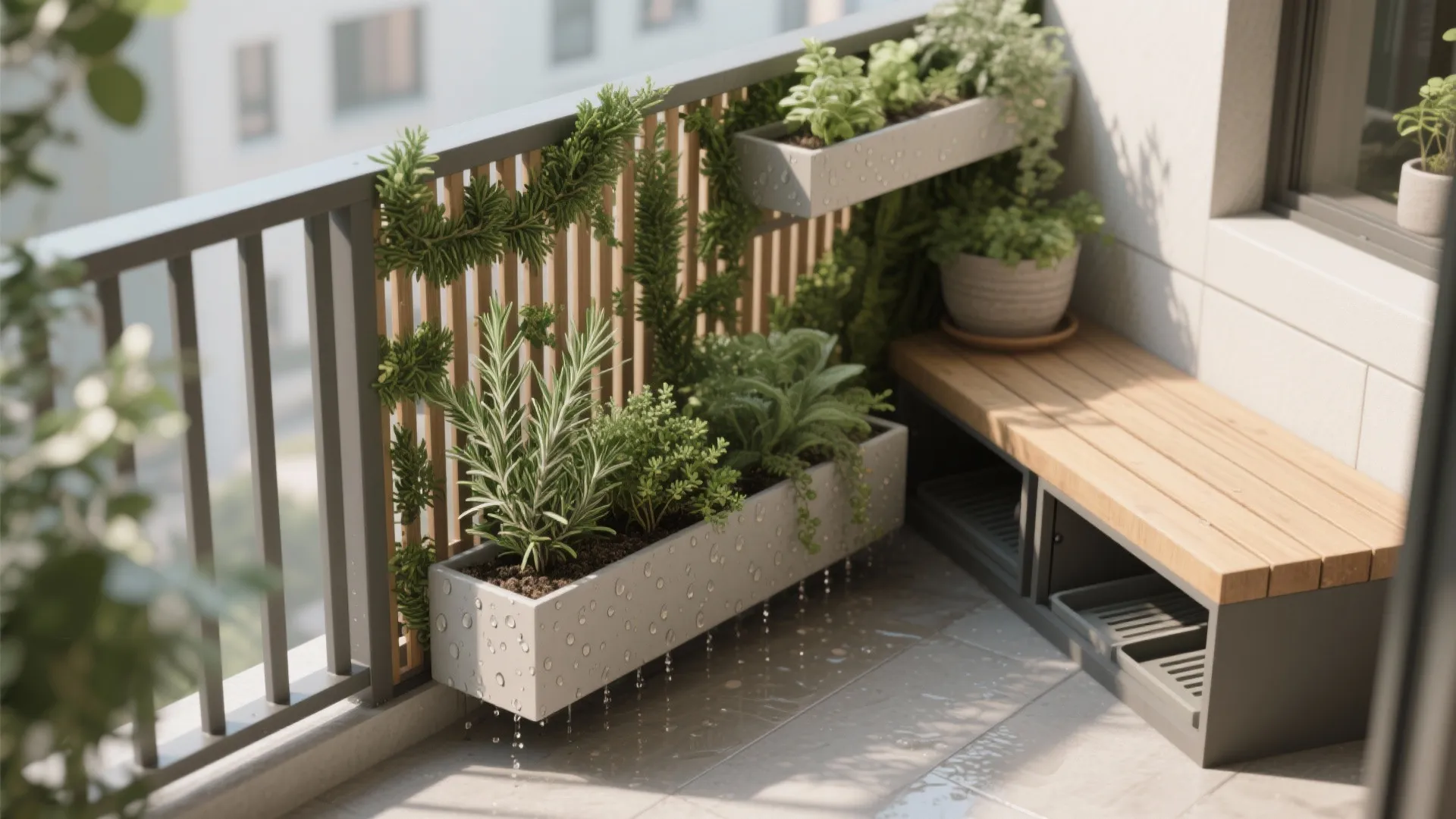 4) Greenery and slim storage: put the balcony to work